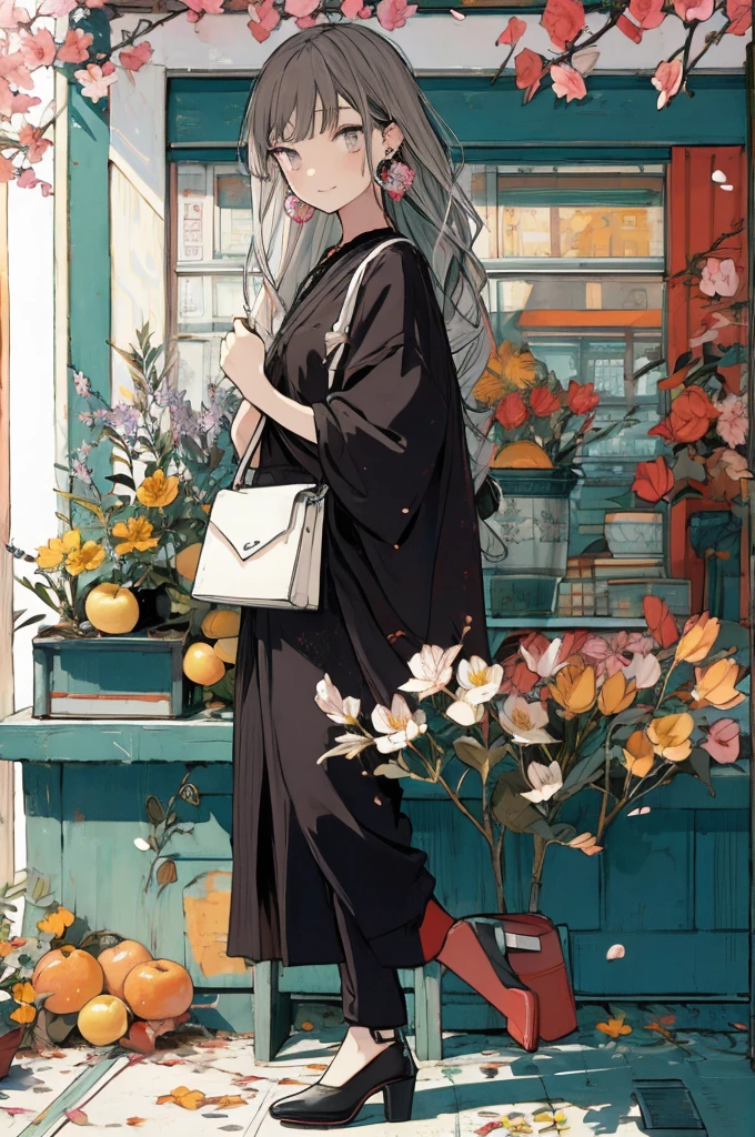 (masterpiece:1.2), highest quality,pixiv,sweet girl , 1 girl, flower, cup, have, bob hair, gray hair, bag, high heels, food, jewelry, earrings, looking at the viewer, smile, holding, long hair, inner color、alone, fruits, pants style, flower柄のshirt、handbag, gray eyes, Colorful shoes, bird, yellow flower, envelope, english text, full body, white flower, shirt,Are standing, cherry blossoms、colorful background、