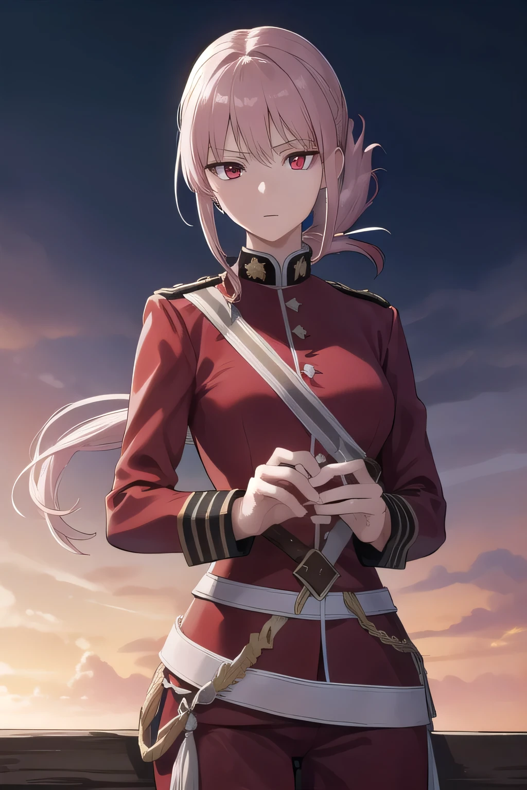 florence nightingale, florence nightingale, pink hair, long hair, (red eyes:1.5), hair Braid, side lock, folded ponytail, single Braid, Braid, Braided ponytail,
break military, military uniform, uniform, (red uniform:1.5),
break looking at viewer,
break indoors,
break (masterpiece:1.2), highest quality, High resolution, unity 8k wallpaper, (figure:0.8), (detailed and beautiful eyes:1.6), highly detailed face, perfect lighting, Very detailed CG, (perfect hands, perfect anatomy),