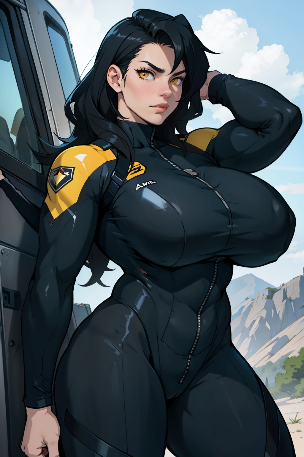 huge muscles huge thighs yellow eyes black hair pale girl bodysuit pilot suit skintight 