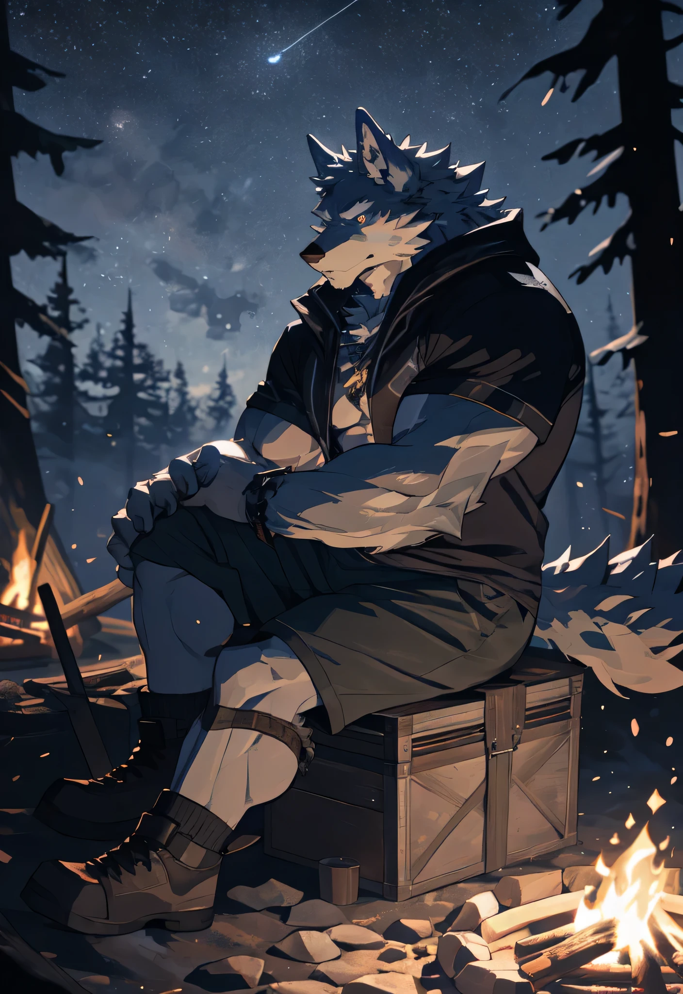 alone, Kanno, (Wolf), Humanity, male, ((gray body)), scales, Tail, muscle, Handsome, shorts, modern, fantasy, outdoor, external, dark, night, in the forest, campfire, camp, Star, sitting, , epic, depth of field, perfect lighting, (light particles),(best quality),(masterpiece),(ultra deTailed),sharp focus,light particles