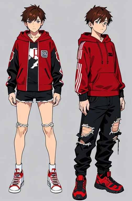 Concept ART Versions , Human Male , Brown hair, red hoodie, freckles ,punk Clothings ,Ripped pants , Full body ,Shoes