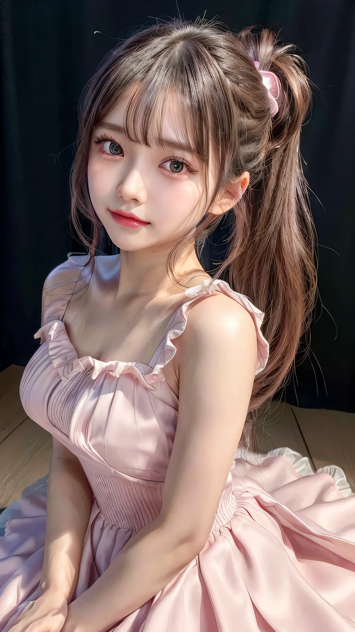 close up of face,blush,small breasts,,long hair ponytail,singing on stage,close up of face,((8K, Raw photo, best quality, muste piece:1.2), (Reality, photorealistic:1.4), (Highly detailed 8K wallpaper), Depth of the bounds written, cinematic lighting, soft light, detailed beauty eye,Shiny and smooth light brown ponytail, asymmetrical bangs, shiny skin, super detailed skin ,high resolution, high detail, detailed hairstyle, detailed beauty face, hyper real, perfect limbs, perfect anatomy ,1 Japanese girl,famous japanese idol, perfect female body,shy smile,short eyelashes,double-edged eyelids,look straight here,Hair style is ponytail、Pink colored long dress with lots of ruffles, softly shaped skirt, standing on stage,pink ribbon on head,She wears a long skirt with lots of frills.,Neat clothes