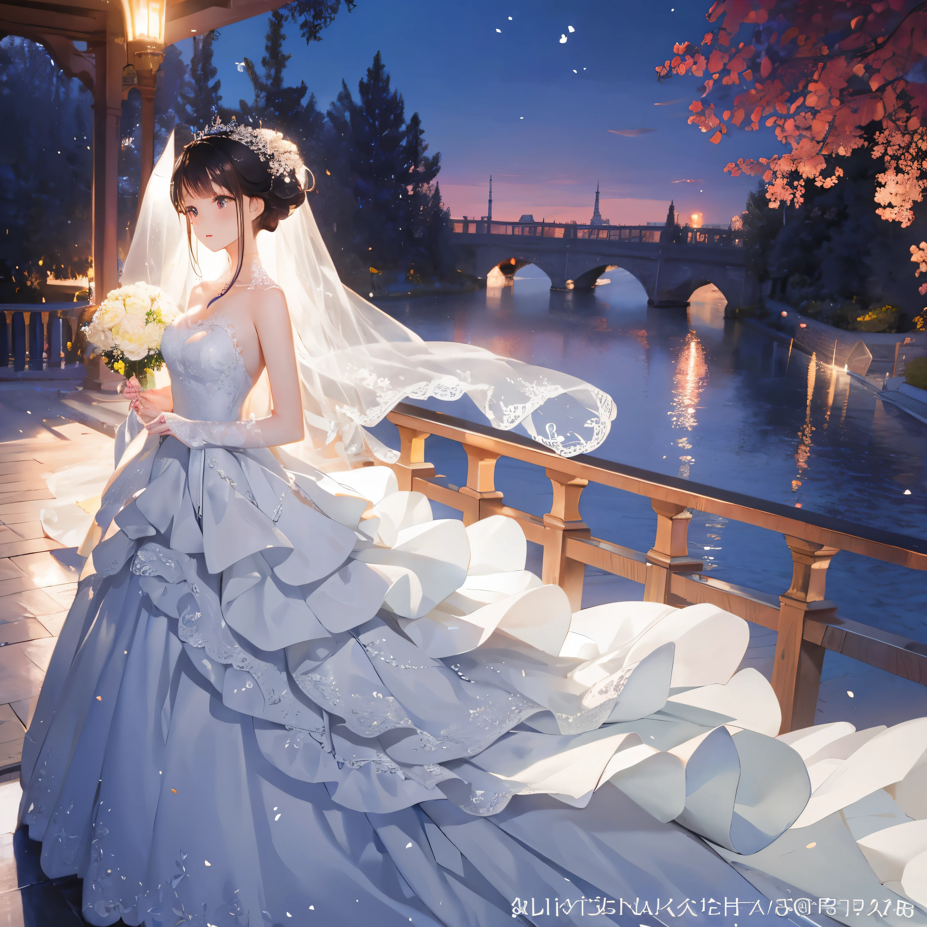 Elegant trailing wedding dress fluttering in the breeze,exudes a romantic atmosphere。Meticulously capturing every fold and flowing line,Showcasing the exquisite details and unique designs of wedding dresses。This digital artwork showcases the elegance of a wedding dress with a train,Adds a dreamy touch to the wedding moment