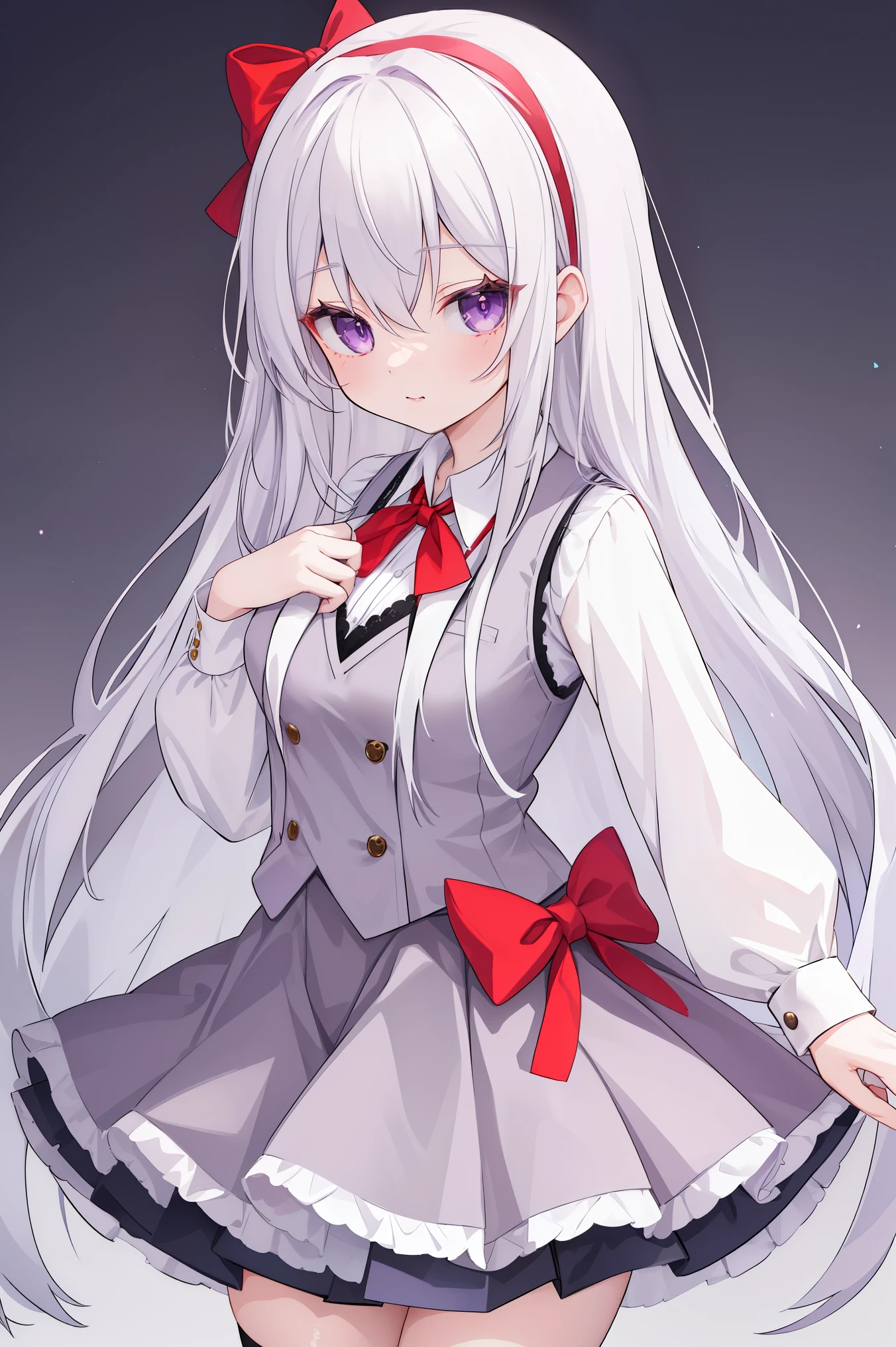 young woman, long white hair, light purple eyes, стиль Doki Doki Literature Club! , villainess, gray vest, white shirt, red bow on the neck, blue skirt
