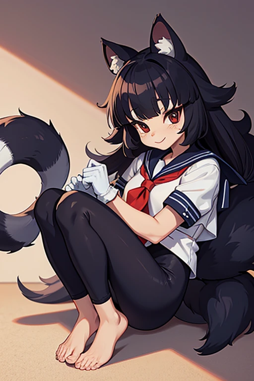 Raccoon, furry, beastman, Animal hair, tail, sailor suit, short sleeve, tights, long pants, gloves, barefoot