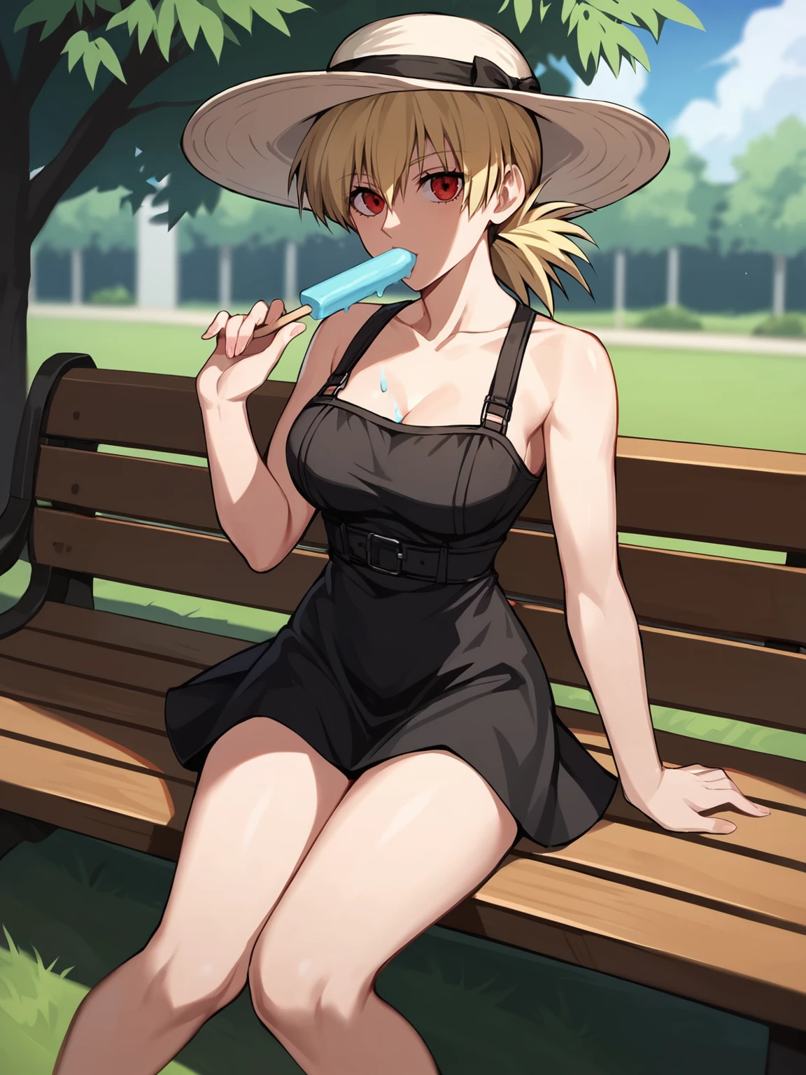 score_9, score_8_up, outdoors, park, sitting on bench, eating popsicle, flip flops
BREAK
1girl, hellsing, seras, blonde hair, red eyes, summer dress, black dress, red sun hat, wide-brimmed hat, looking at viewer