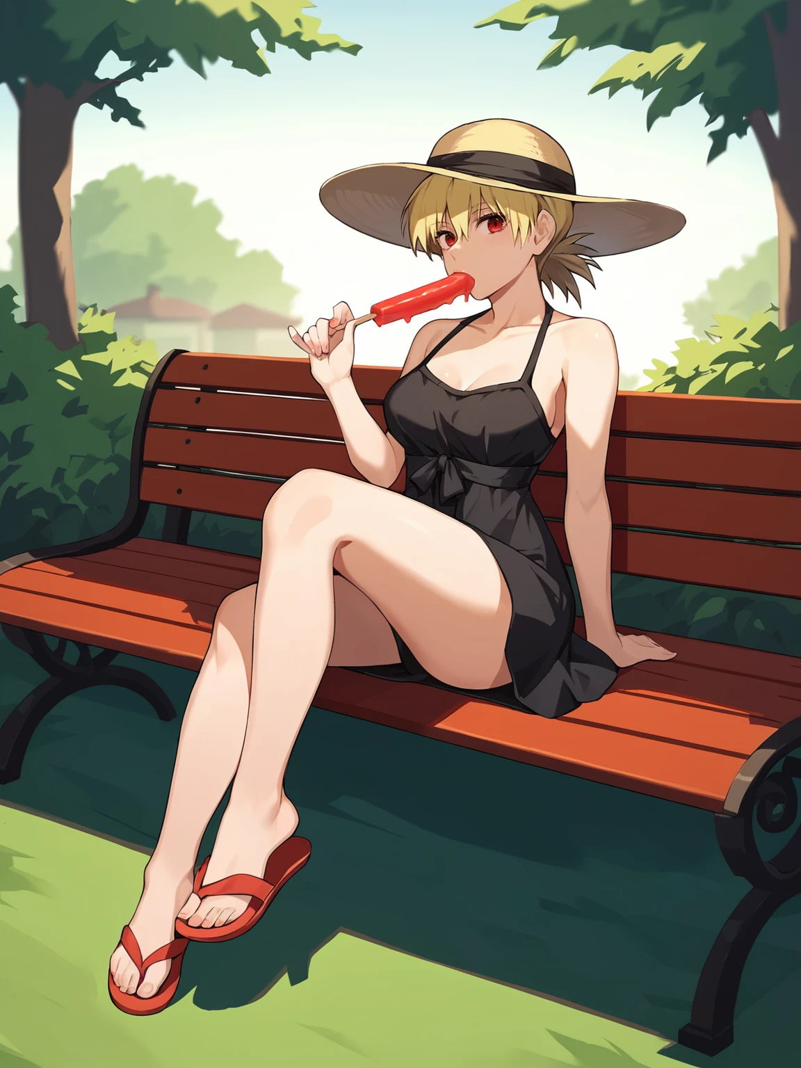 score_9, score_8_up, outdoors, park, sitting on bench, eating popsicle, flip flops
BREAK
1girl, hellsing, seras, blonde hair, red eyes, summer dress, black dress, red sun hat, wide-brimmed hat, looking at viewer