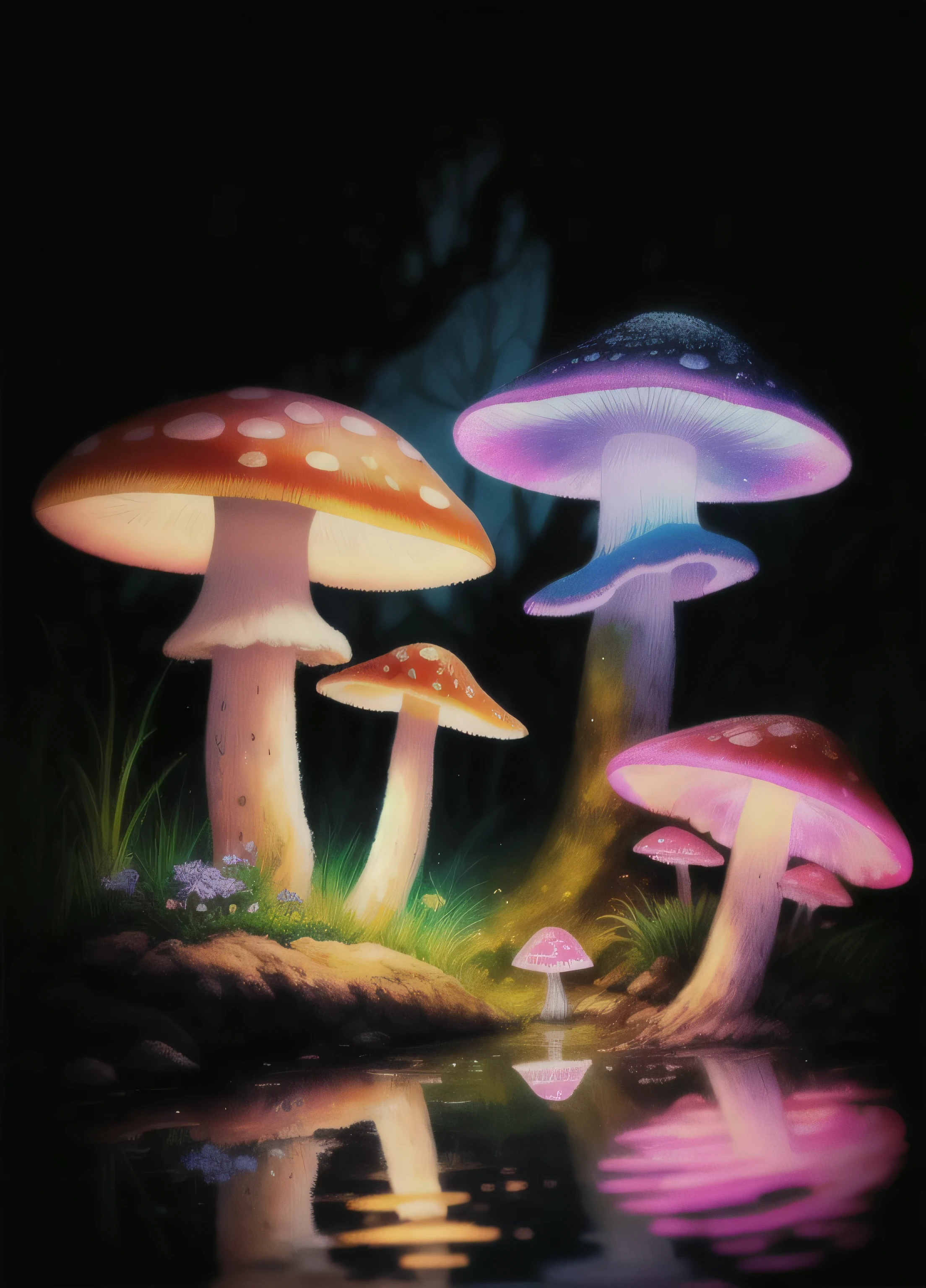 attractive, Attractive high quality splash art sitting right below (poisonous antler: 1.1) (mushroom: 1.1) の中に shape of an umbrella in (Magic forest: 1.1) Deep contrast in (bioluminescence: 1.1), Magic, Mysterious, A detailed scene (soft pastel tones: 1.1) with a touch (bright colors: 1.1), wet dirt, puddle, fantasy art, masterpiece, Award-winning digital graphics, clip studio paint, rich colors, Picturesque texture, Popular in the art community, adobe photoshop,very colorful,、Flowers and plants glowing at night、