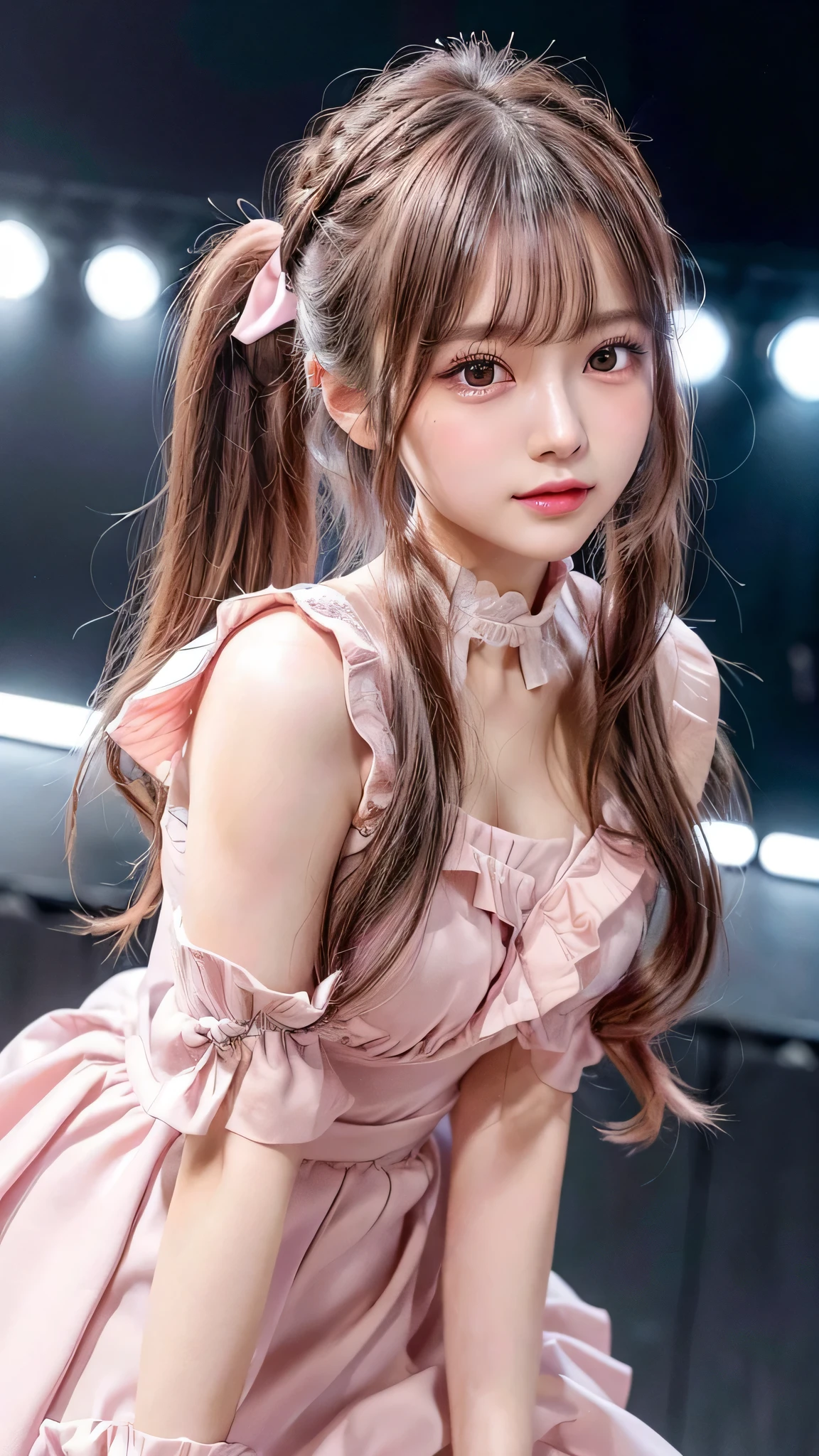 close up of face,blush,small breasts,14 years old,long hair ponytail,singing on stage,close up of face,((8K, Raw photo, best quality, muste piece:1.2), (Reality, photorealistic:1.4), (Highly detailed 8K wallpaper), Depth of the bounds written, cinematic lighting, soft light, detailed beauty eye,Shiny and smooth light brown ponytail, asymmetrical bangs, shiny skin, super detailed skin ,high resolution, high detail, detailed hairstyle, detailed beauty face, hyper real, perfect limbs, perfect anatomy ,1 Japanese girl,famous japanese idol, perfect female body,shy smile,short eyelashes,double-edged eyelids,look straight here,Hair style is ponytail、Pink colored long dress with lots of ruffles, softly shaped skirt, standing on stage,pink ribbon on head,She wears a long skirt with lots of frills.,Neat clothes