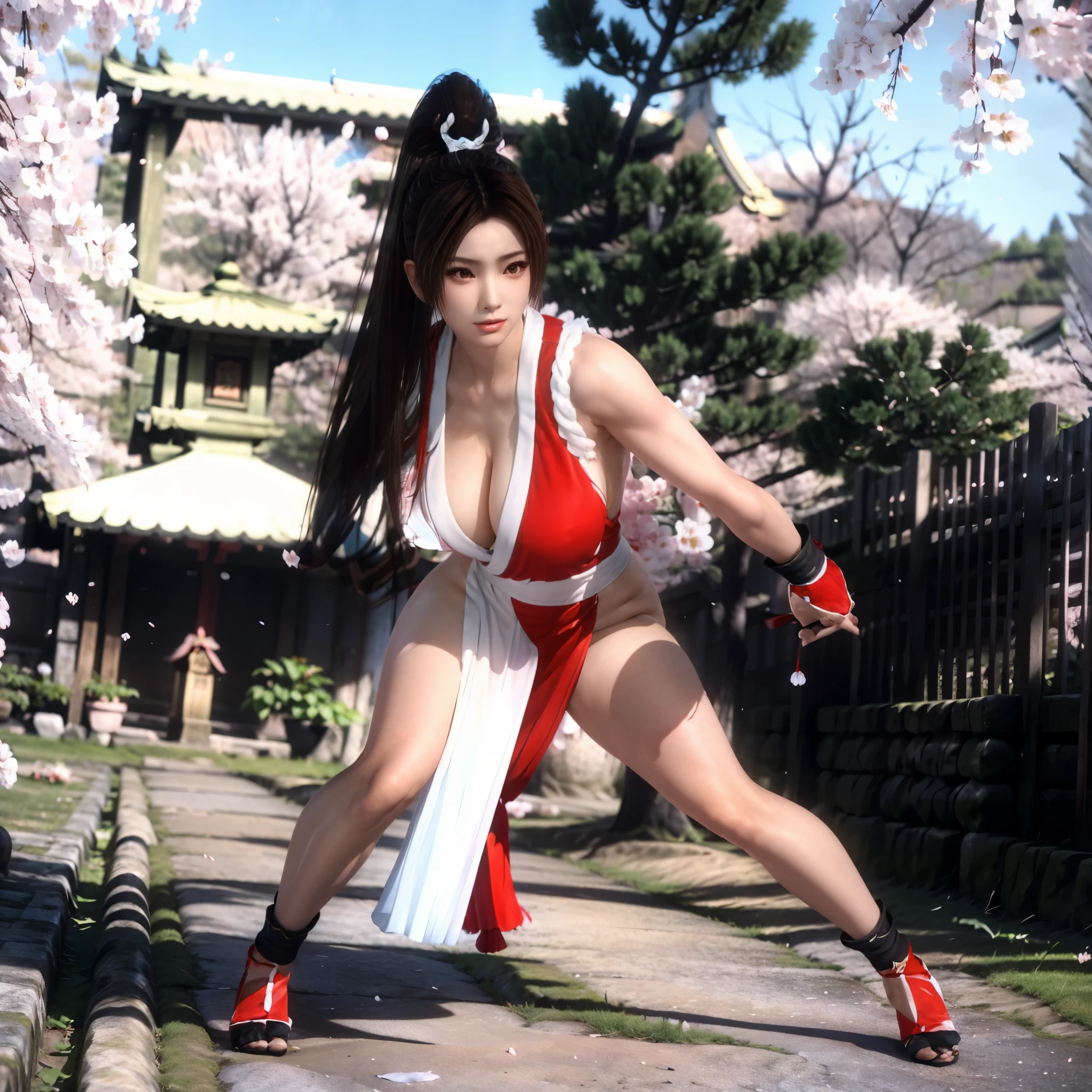 (((full body，big breasts))),Under the cherry blossom trees in the spring breeze，The red fighting uniform worn by Mai Shiranui，The posture is sturdy and elegant。Her long hair is flowing with the wind，A few strands of hair caressing my cheeks，Adding a touch of softness to her resolute face。Her eyes were firm and deep，Seems to be able to discern the weaknesses of all opponents。

Her hands were clenched into fists，It seems to be simulating the movements of fighting.，Every movement is smooth and powerful，It's full of action。Her body rotates slightly with the changes in movements，As if in a fierce battle with an invisible opponent。

Petals falling from the surrounding cherry blossom trees，A sharp contrast to Mai Shiranui&#39;s red fighting uniform.，Adds a bit of a beautiful atmosphere。Petals flutter lightly in the air，As if applauding Mai Shiranui’s fighting skills。

整幅画面It's full of action与唯美，It not only shows the strength and tenacity of Mai Shiranui as a fighter，It also reflects her gentleness and tranquility under the cherry tree。This kind of picture makes people feel like they are in a world full of poetry and power.。