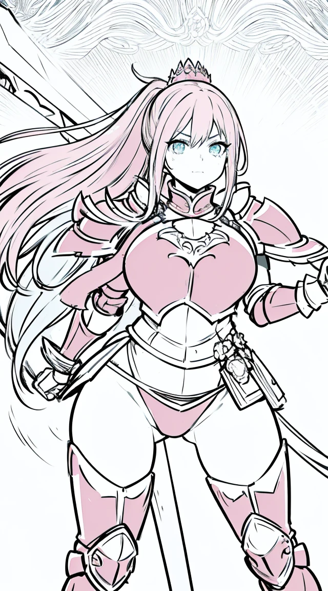 a cartoon picture of a woman in a pink outfit holding a sword, shalltear from overlord, cel - shaded art style, armor girl, thicc, streamlined pink armor, slick pink armor, thick armor, shining pink armor, wearing shiny breastplate, female protagonist 👀 :8, cushart krenz, cleric, bikini armor female knight