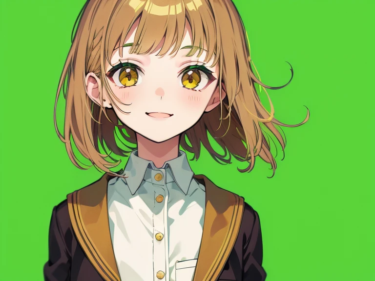 ((green background)), (long shot), (shoot from front), (smile), one girl, (white student clothes), short bob, brown hair, golden eyes, , short height, city girl