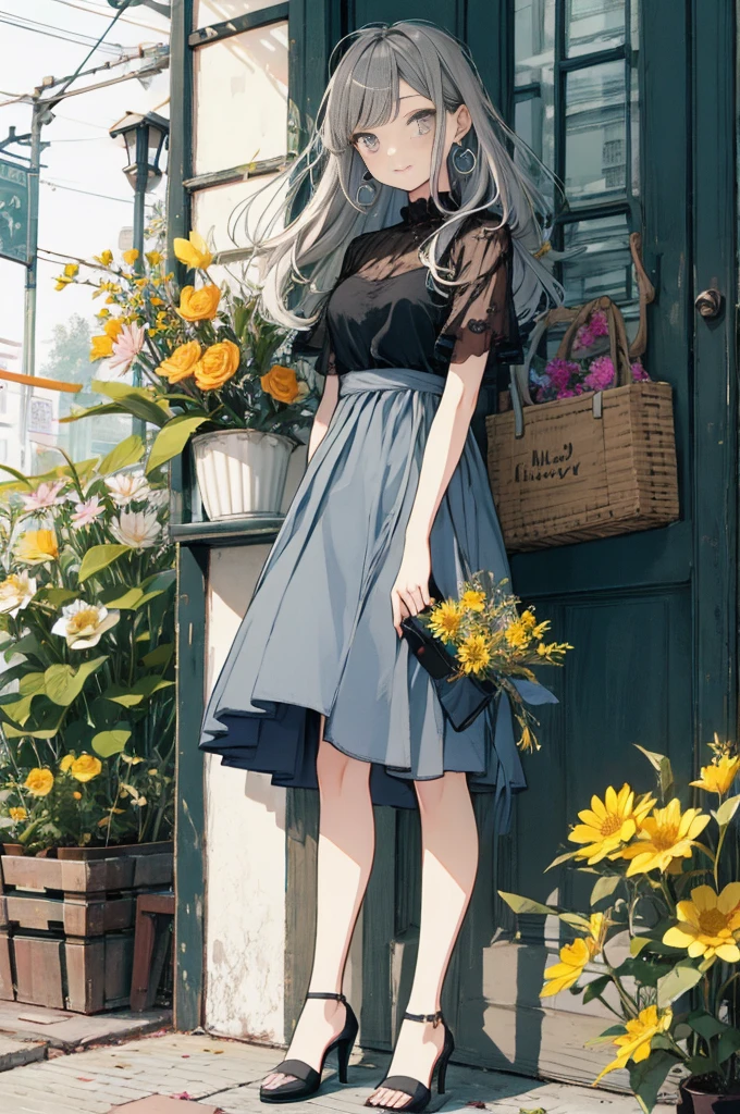 (masterpiece:1.2), highest quality,pixiv,sweet girl , 1 girl, flower, cup, have, bob hair, gray hair, bag, high heels, food, jewelry, earrings, looking at the viewer, smile, holding, long hair, inner color、alone, fruits, knee-length dress, handbag, gray eyes, Colorful shoes, bird, yellow flower, envelope, full body, white flower, shirt,Are standing, valentine color、colorful background、