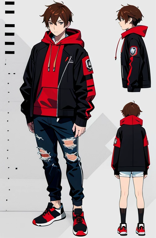 Concept ART Versions , Human Male  , Brown hair, red hoodie, freckles ,punk Clothings ,Ripped pants  , Full body ,Shoes , Black Jacket 