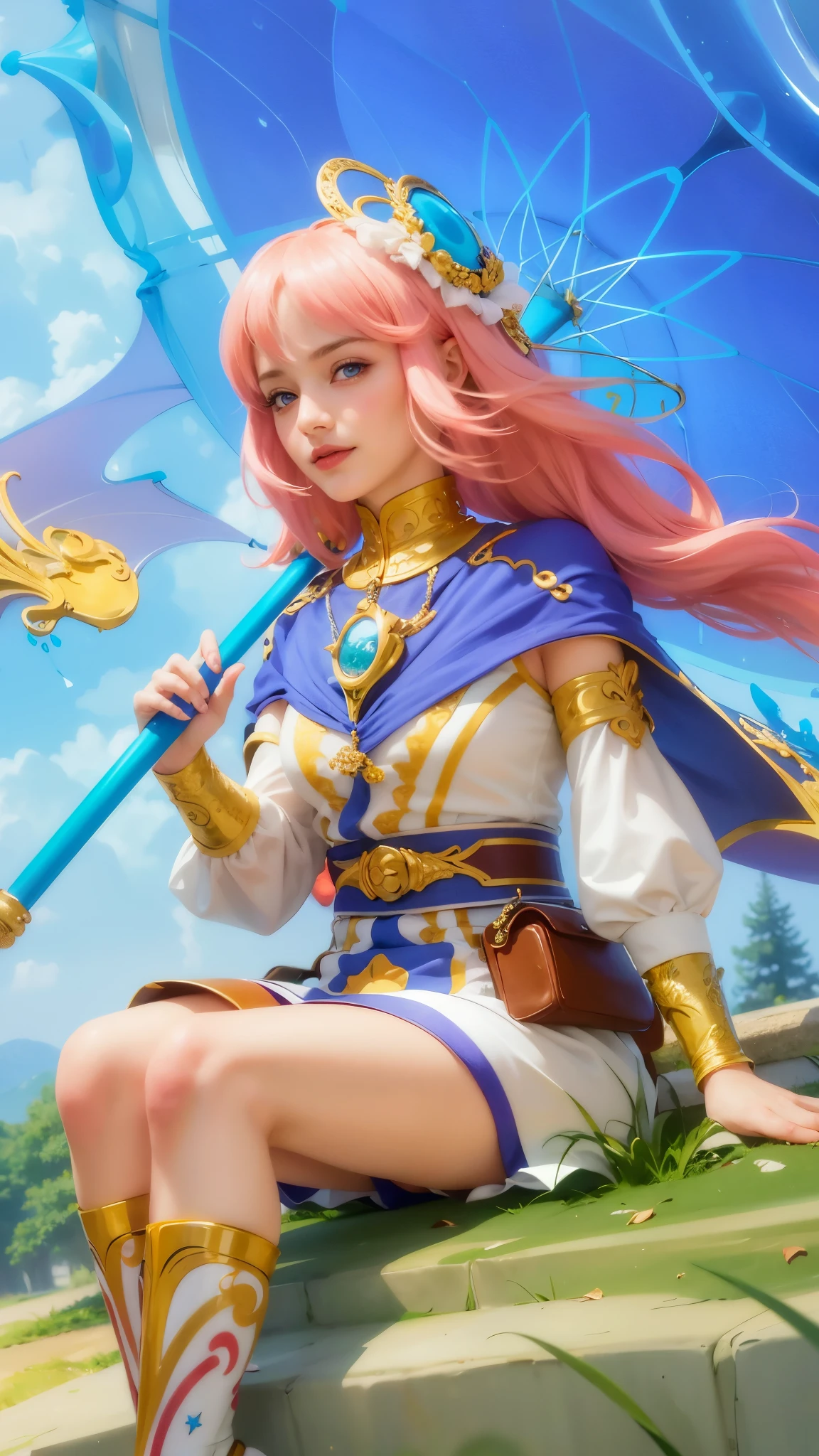girl with pink hair holding a umbrella, red lips glossy, 8k, ultra hd, ultra detailed texture, hyper realistic, masterpiece, detailed texture, detailed face, detailed skin, detailed lighting, (photorealistic:1.5), best quality, beautiful lighting, cinematic lighting, professional lighting, ultra highres, realistic, detailed hair, real hair, high quality, (realskin:1.5), extremely detailed, finely detail, ultra-detailed, smile, blue eyes