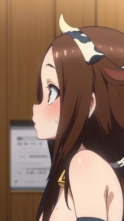 looking at camera、When I Look at You、lookatviewer、anime style、Eroge、1 naked girl,1 nude brack man (huge breasts:1.3), (((Wearing only cow print opera gloves and knee-high socks)))、Low - Angle、brown haired, middle parted bangs、long hair、I can see the forehead、blush, Upper body,round chest、standing up straight、(Sweat:1.5)、NSFW,(ecstasy:1.3) ,(Last:1.2),(Vulgarity:1.3),(so stupid:1.1),(vapor:1.1),(Wet:0.8),(trembling:0.8), ,(drooling:0.6),(Sweat:0.8),(From the side:2.0)、(((she is looking at huge penis)))、(orgasm:1.5)