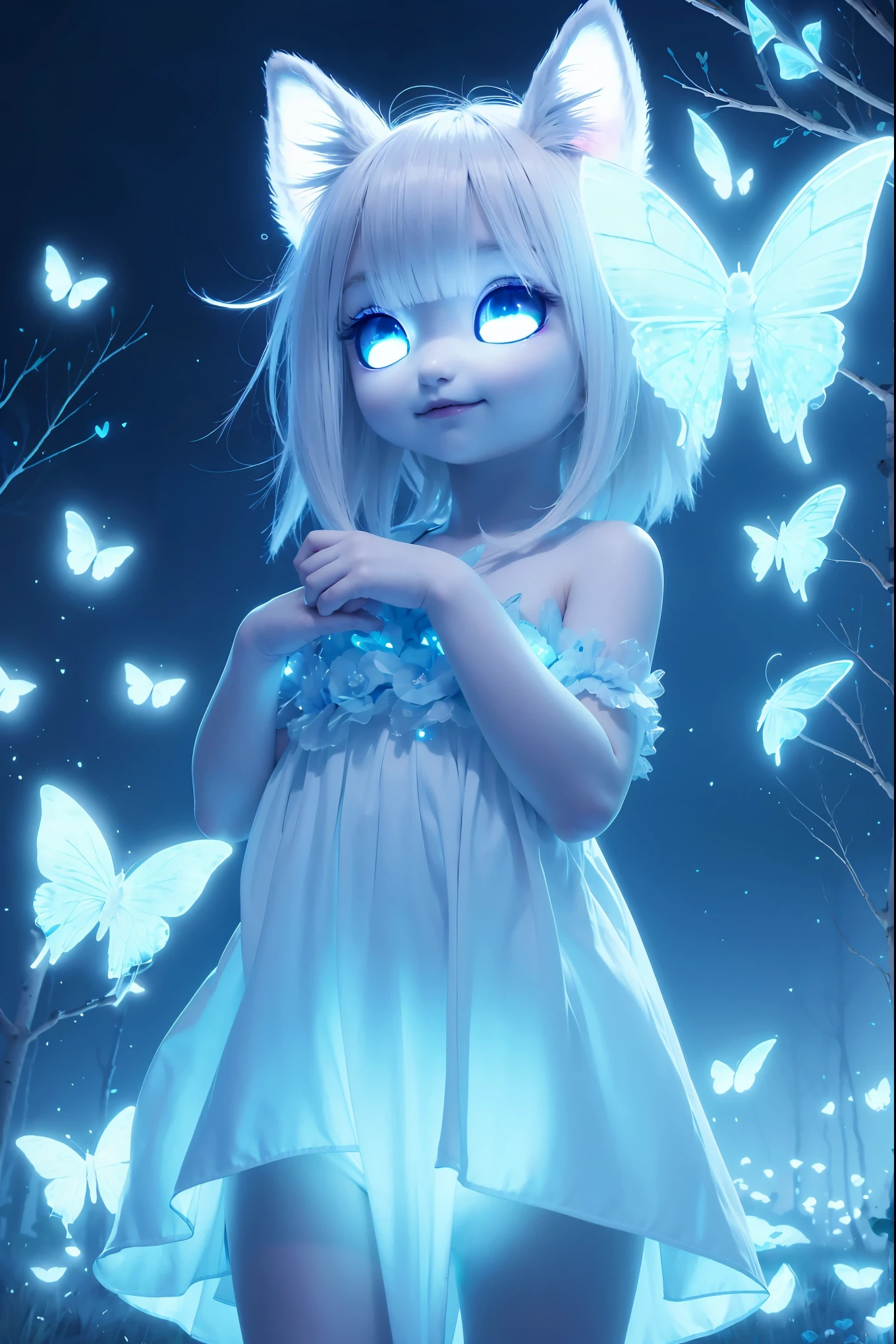 Spirit animal, score_9, score_8_up, score_7_up, score_6_up, score_5_up, score_4_up, ethereal ghost baby fox, adorable, cartoon character, glowing blue eyes, glowing butterflies, night time fantasy forest, realistic, extremely detailed, no humans