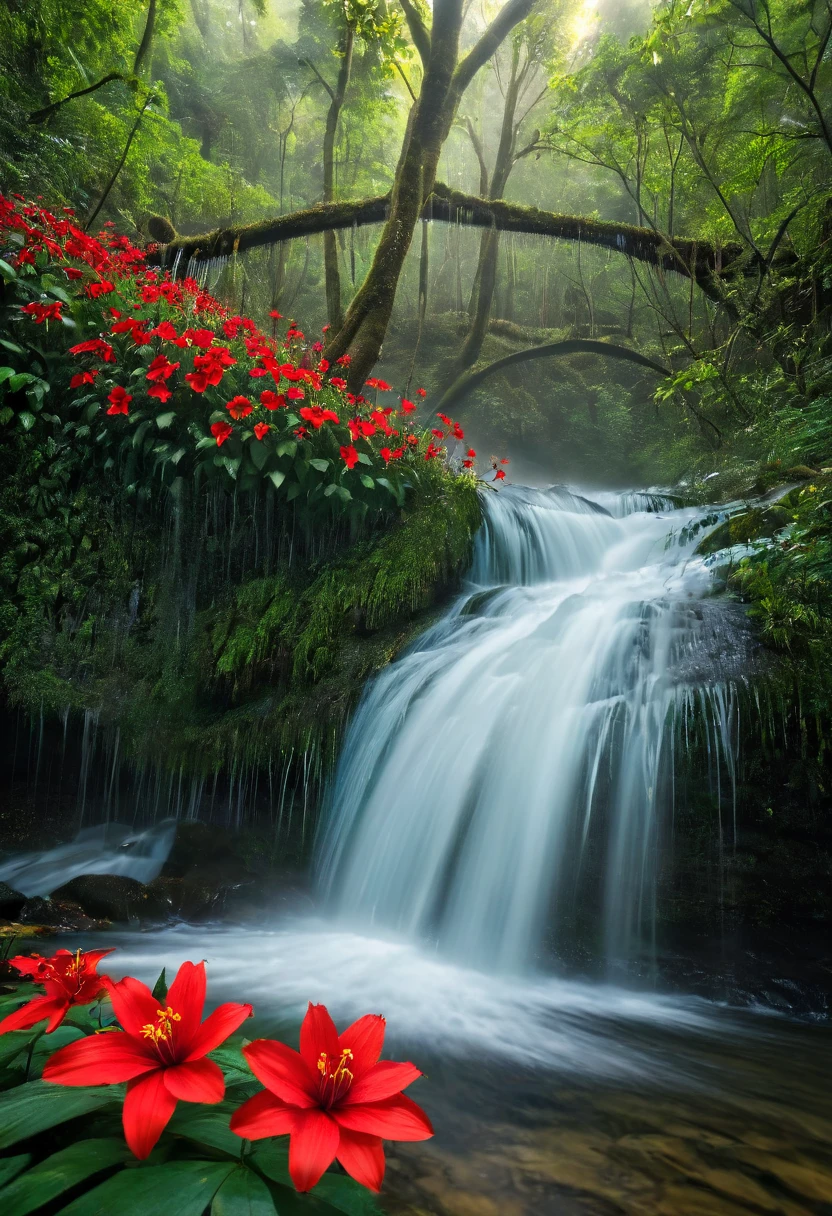 Long exposure, red flowers in the foreground, 4k quality 4:3 Waterfall in the forest, Canon camera quality, 8K, ARW, National Geographic Photography, Award-winning Photography,