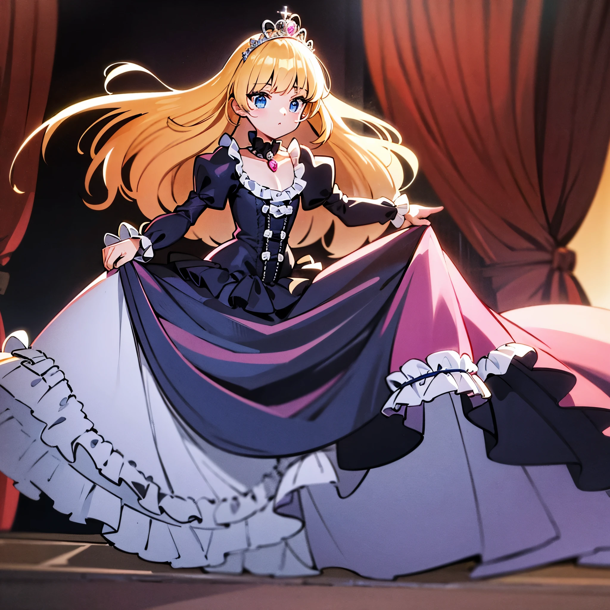 ,highest quality, masterpiece, highest resolution, artwork, super それにget used to it, many get used to it, get used to it, それにget used to it, 3K anime illustration,,(( girls)),Super detailed baby face,they are are princesses,luxurious tiara,Full length ball gown dress with hoop skirt,ruffled yoke collar,puff sleeves,long sleeve,((lolita style hot pink princess satin dress、Comes with lots of frills and ribbons。)),crazy&#39;colorful fashion,shiny satin dress,Soft and smooth fabric,luxury,long blonde hair,blue eyes,white skin european,((inside the palace)),