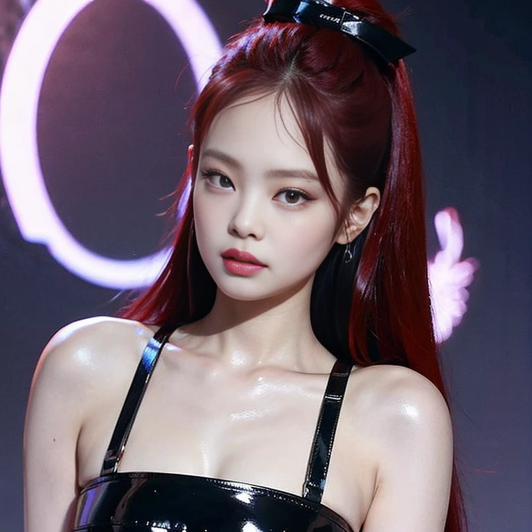woman taking a selfie, has straight cherry red deep hair, takes a selfie, shows her face, wears black gothic clothes, perfect white skin, Jennie Kim, perfect nose, beautiful woman, perfect lips, beautiful background, red hair, korean woman, look sensual, jennie blackpink, jennie kim, shows her face, big breasts, cleavage, wears black latex clothing, 