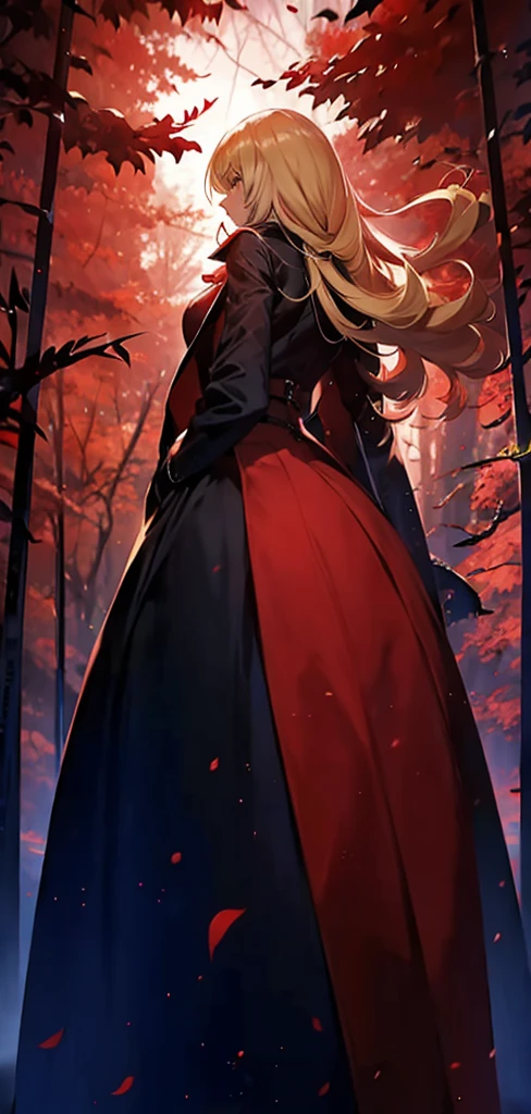 blonde woman，long coat，Rear view，silhouette，red forest，Red Moon，Red Night，