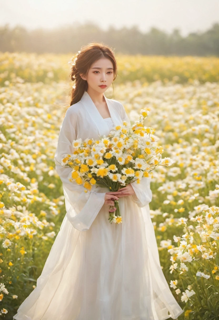 a beautiful girl in white aodai , masterpiece, best quality, realistic:1.3,in a field of flowers, holding bundle of flowers, sunlight, backlighting, emotional depth, flowers, flower fields, bloom, ultra detailed, film grain,hazy light and shadow, aestheticism, melancholic film