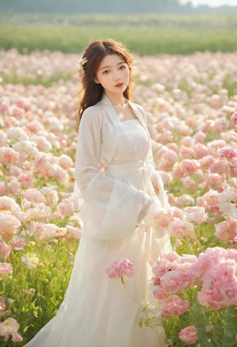 a beautiful girl in white aodai , masterpiece, best quality, realistic:1.3,in a field of flowers, holding bundle of flowers, sunlight, backlighting, emotional depth, flowers, flower fields, bloom, ultra detailed, film grain,hazy light and shadow, aestheticism, melancholic film