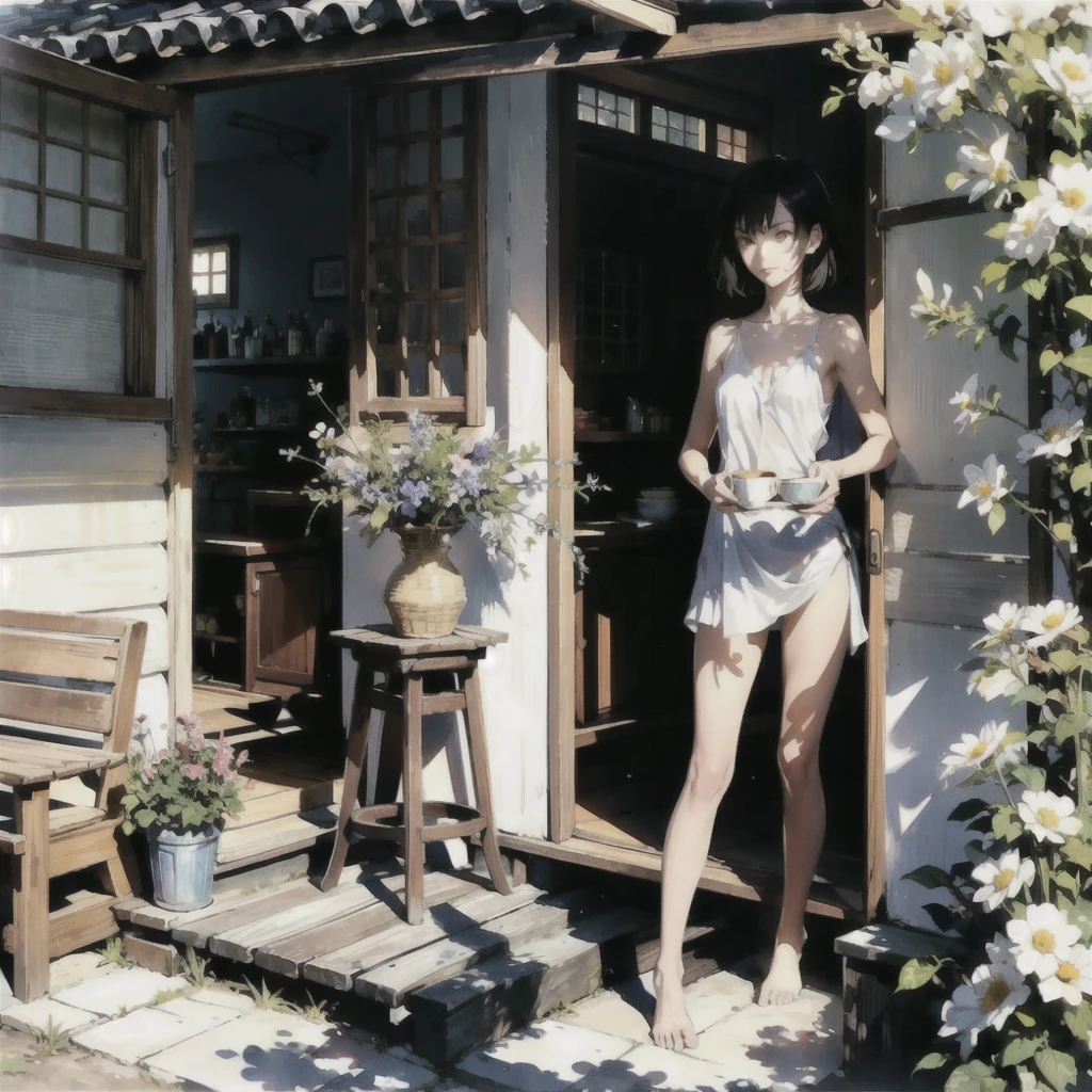 An exquisite slender girl of 16 years old with a perfect face with dark short hair in the rays of the rising sun, naked with tender breasts with pink nipples, barefoot on the veranda in the garden, drinking coffee and looking at the flowers, in watercolor style, Discreet shades, Flares, imitation of film photography, against the sun, a lot of sun glare, light fills the frame