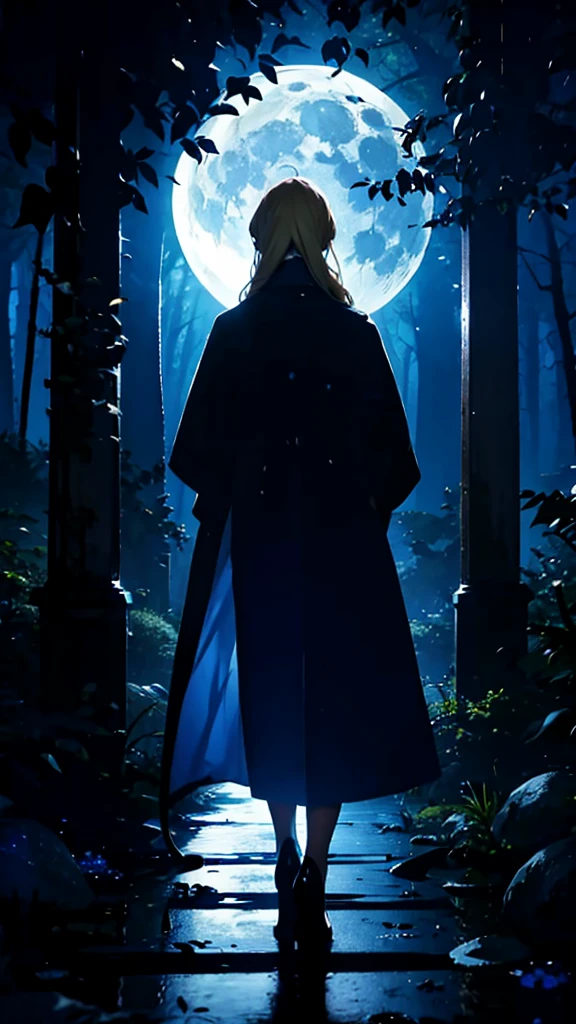 blonde woman，long coat，Rear view，silhouette，blue forest，blue Moon，blue night，