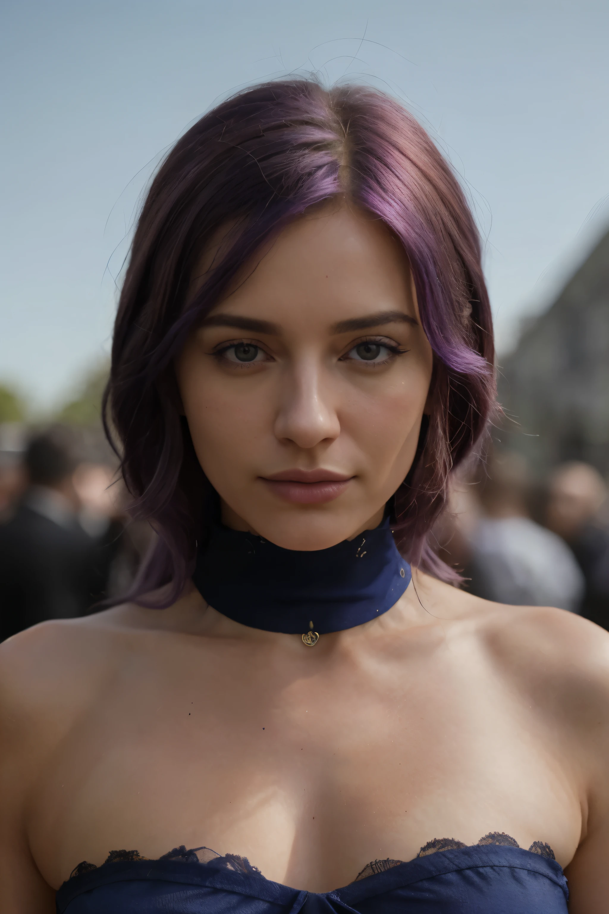 (photo_\\(moyen\\):1.2), Latina 1fille, en regardant la caméra, (face au spectateur:1.1), (photorealistic:1.2), hyperréaliste, photorealism, fermer, head and shoulders, purple hair with rainbow highlights, cheveux courts, queue de cheval, frange, yeux bleus, amical, cils, steampunk, Sans manches, subsurface skin scattering, yeux bleus très clairs, profondeur de champ, 8K, Effets visuels, hdr, RTX