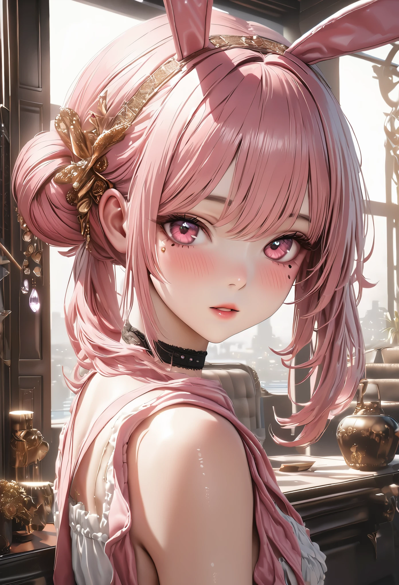 highest quality, highest quality, Super detailed, high resolution, expensive resolution, HDR, 4k, 8K, unity 8K wallpaper, expensively detailed CG, masterpiece, realistic, photorealistic, 2D, 3D, beautiful details, depth, fine texture , super fine: 1.3, Fully focused, Crispy.skin, .he,
Very cute anime girl with ピンクのお団子ツインテールヘア wearing expensive , one girl, alone, pink bun hair, animal ears, Bunny ears, mole under the eye, looking at the viewer , expensive , blush, mole, Bunny ears, parted lips, hair ornaments, heart, pink eyes, choker