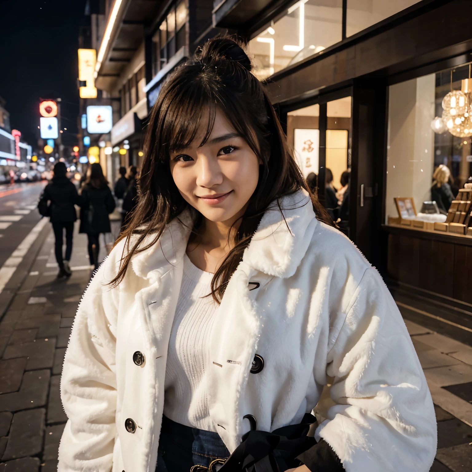 a beautiful japanese woman, , wearing a fluffy coat, smiling, passes in front of a fashion shop decorated with colorful lights and, on the side of a midnighttime metropolitan street , many vehicles passing beside this woman, very detailed, highest resolution, intricate details, texture detailed, UHD, 32K, high octane render, v-ray