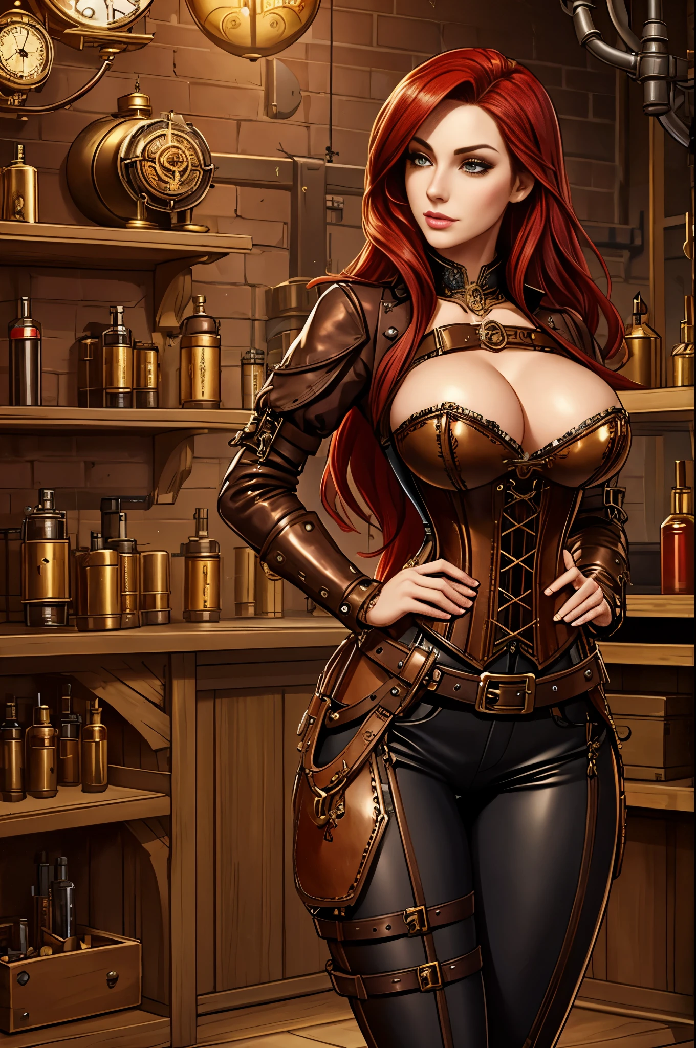 gorgeous woman, clockwork corset, steampunk, long crimson hair, leather pants, belts and straps, pouches and vials, standing in a clockwork workshop