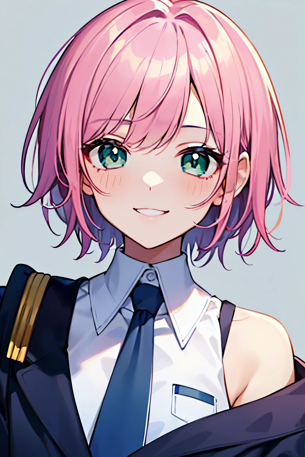 ((1 beautiful girl)), ((solo:1.3)),((bangs)),((pink hair)),((green eyes)), ((shoulder length hair:1.2,short hair)),16 years old, ((Warm smile)),((Dark blue uniform jacket:1.3,white shirt:1.2,tie),((white background:1.3)),((See here)),