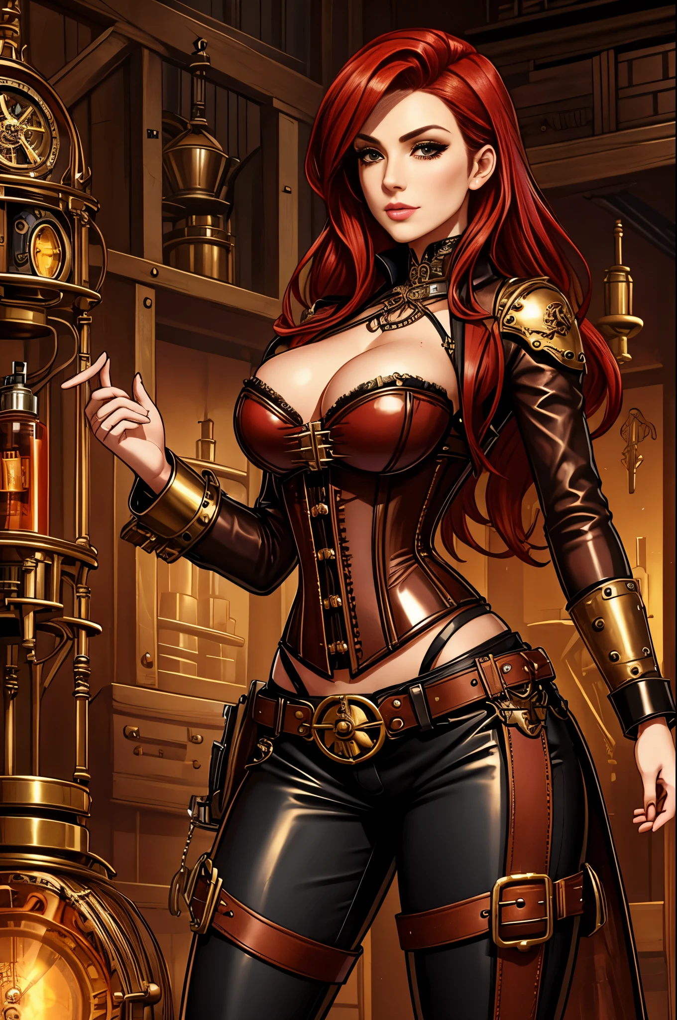 gorgeous woman, clockwork corset, steampunk, long crimson hair, leather pants,  belts and straps, pouches and vials, standing in a clockwork workshop