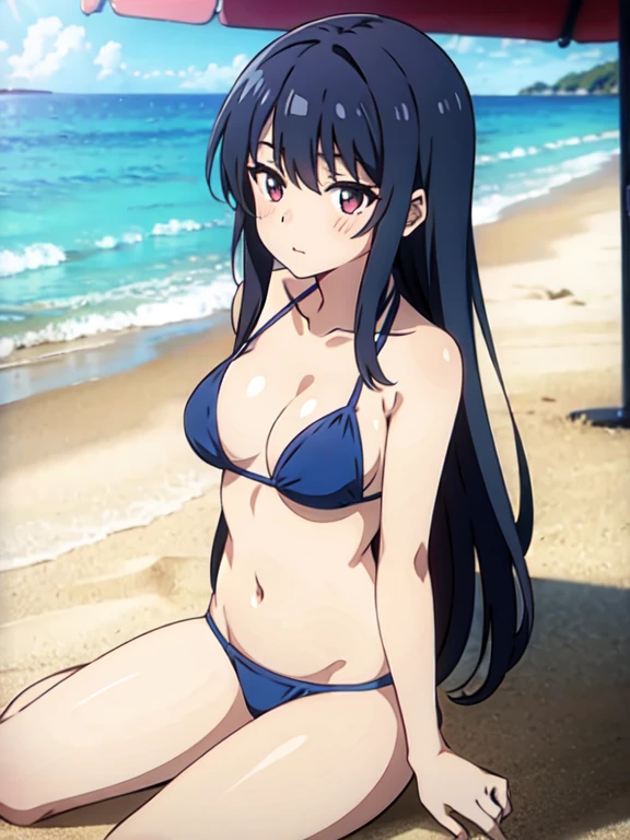 masterpiece , best quality , ultra detailed ,   beautiful Japan tiny bikini teenage girl  ,  breast:1 , only bikini , summer , long black hair  , in beach , pov