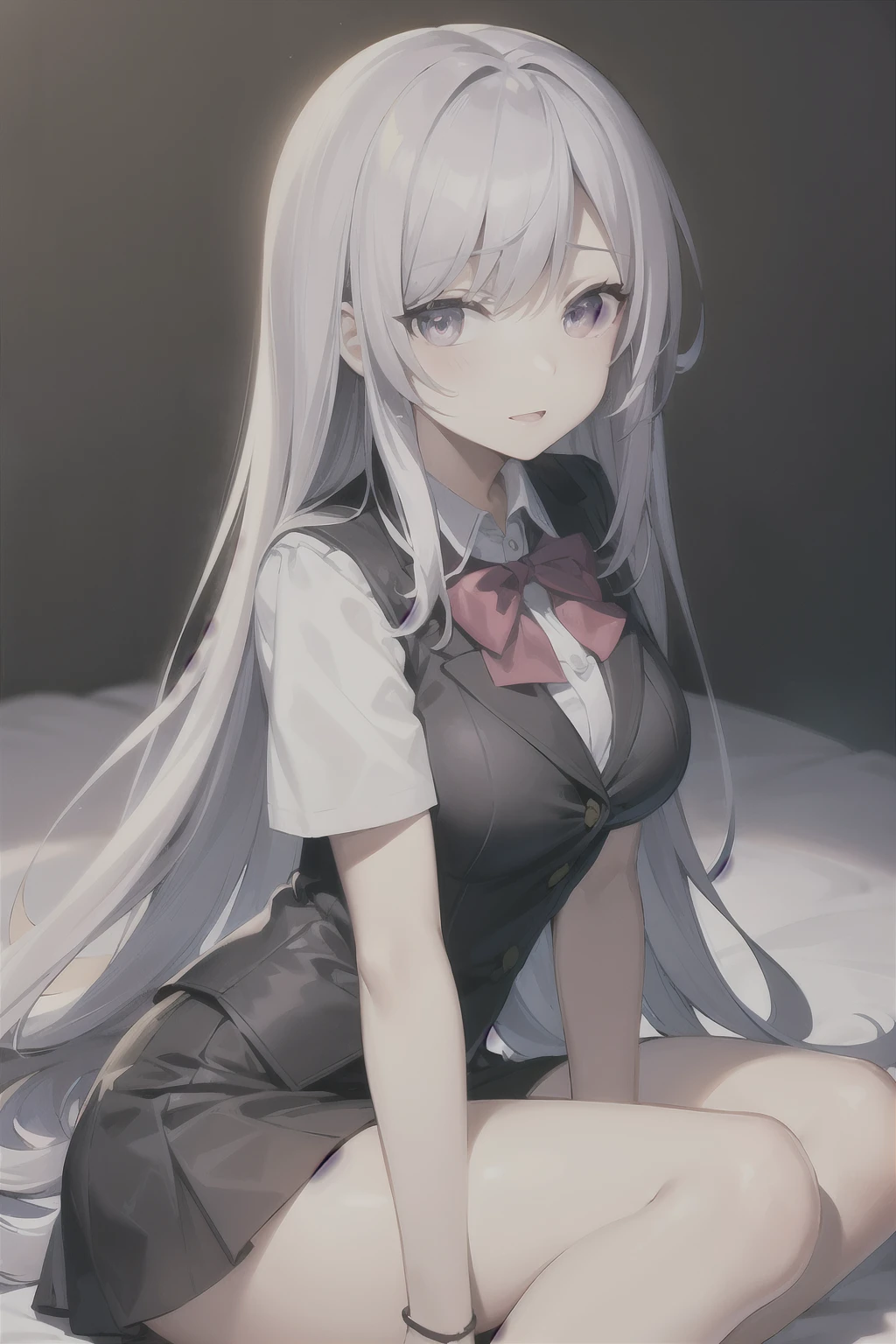 1elaina, purple eyes, black shirt, silver hair, red necktie, lying, on back, bed, arms up, military uniform, small breasts, pencil skirt, masterpiece, highres, best quality