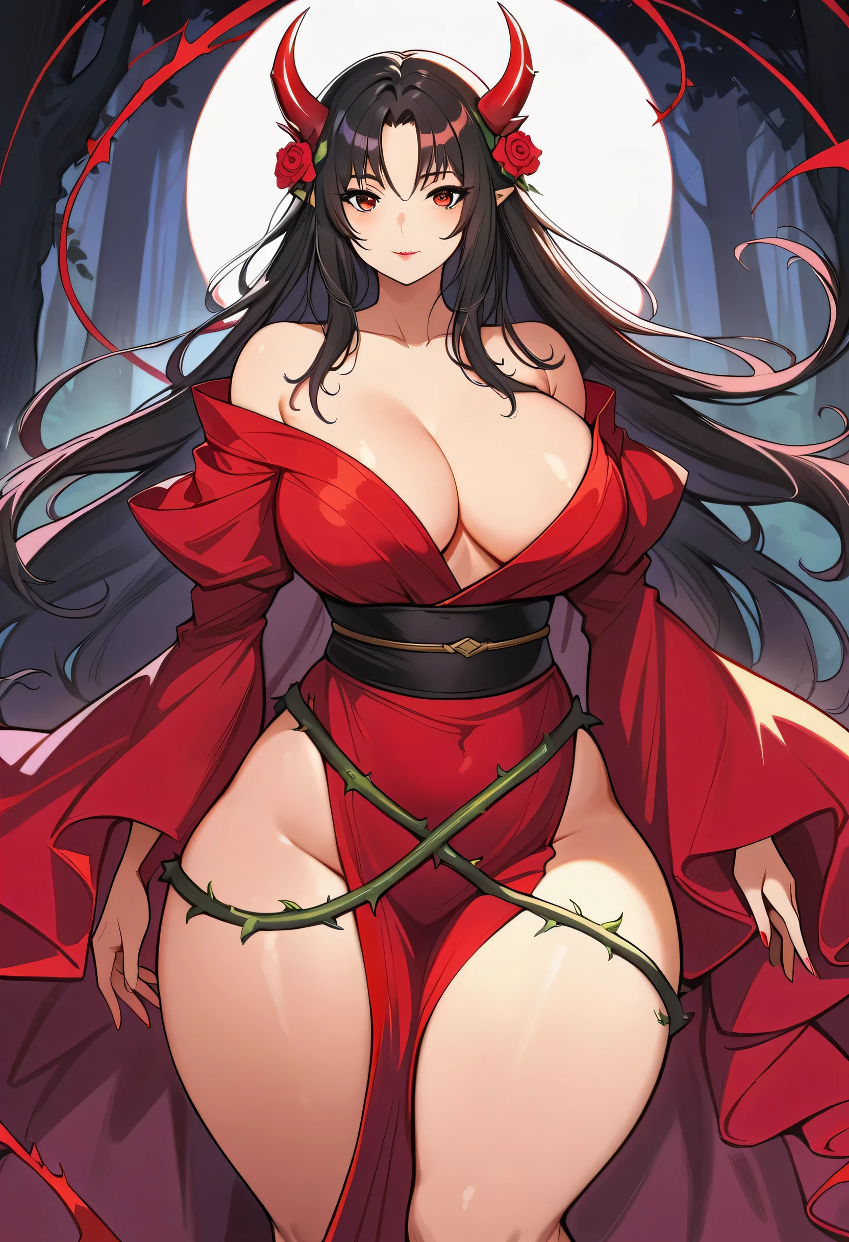 (8K,High resolution,masterpiece:1.2),actual,devil girl,red corner,beautiful and delicate eyes,Beautiful and delicate lips,Extremely detailed eyes and face,long eyelashes,Sexy long black hair,fiery red eyes,Wearing a dark flowing robe,Floating in a misty forest under the moonlight,Red eyes penetrate the darkness,The soft and ethereal light reflects her graceful figure,Subtle shadows dance around her,Red rose surrounded by thorns vines,A clever fusion of traditional oil painting and digital art,evoke a sense of mystery and,Perfectly capturing the beauty and darkness of the Enchantress,yukata,(perfect_face:1.5),plump figure,thick_thighs