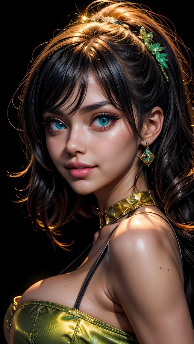 vector image, vibrant colours, smooth gradation, best quality, masterpiece, absurdres, ((isolated)), (dark black background), (detailed face and eyes:1.2), sweet smile, detailed beautiful eyes, eyelashes, glossy full lips, sensual, volumetric lights, medium shot, half body shot, busty, full cleavage, deep cleavage, curvaceous, Unimaginably beautiful girl, enchanting, glistening skin, burst out breast, tinted green golden blue orange back lights, smoky big eyes, ((yo))