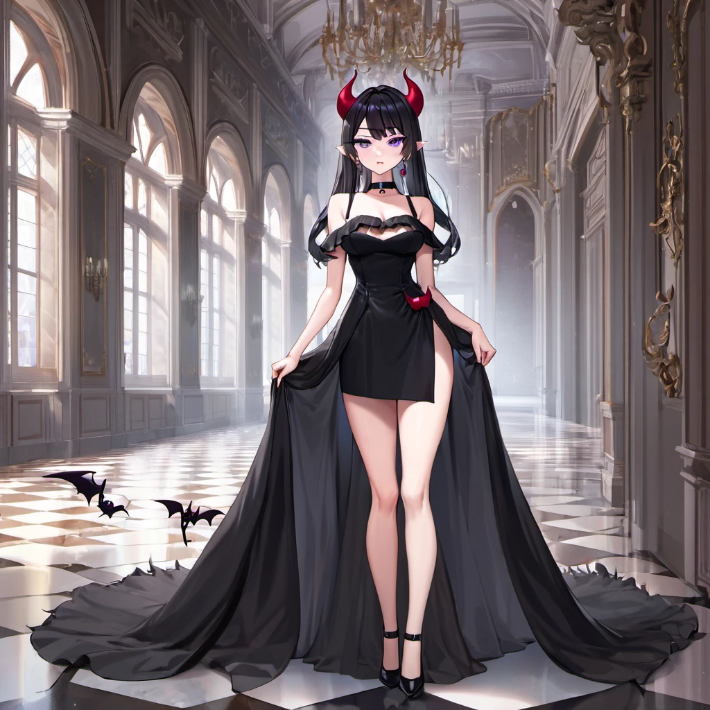 Masterpiece, Improved quality, High quality, Good anatomy, Well-formed hands, Healthy body, Intact fingers, Normal digits, Girls, 16k quality, perfect body, twintail hair, black hair, shoulder length hair, off shoulder black dress, stockings, shoes, demon girl, horns, demon ear, earring, elegant, small breasts, both hands on hips, angry face but jealous and annoyed, beautiful, full body on images, in the main hall castle