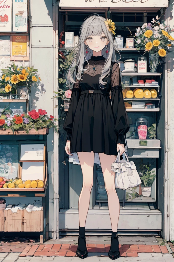 (masterpiece:1.2), highest quality,pixiv,sweet girl , 1 girl, flower, cup, have, bob hair, gray hair, bag, high heels, food, jewelry, earrings, looking at the viewer, smile, holding, long hair, inner color、alone, fruits, knee-length dress， handbag, gray eyes, Colorful shoes, bird, yellow flower, envelope, english text, full body, white flower, shirt,shorts、See-through、Are standing, valentine color、colorful background、cloth shop、