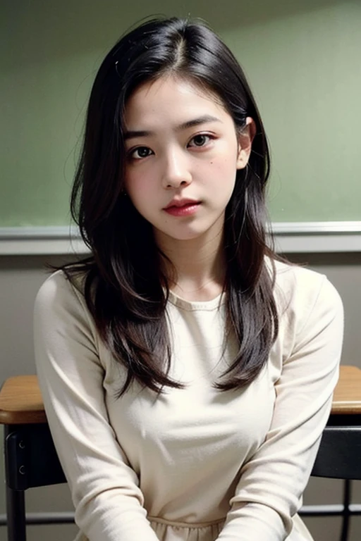 {2-3$$(film grain:0.9)|(vhs video:0.8)|({old|} analog film photography:0.8)|chromatic aberration}
1girl, (young),(no make-up) ,(round face), ((mouth close)),
look at viewer, detailed eyes,
realistic, classroom, sitting on chair ,
((half body)), macro lens,
white long-sleeves satin tight dress,
(stu_vietnam),