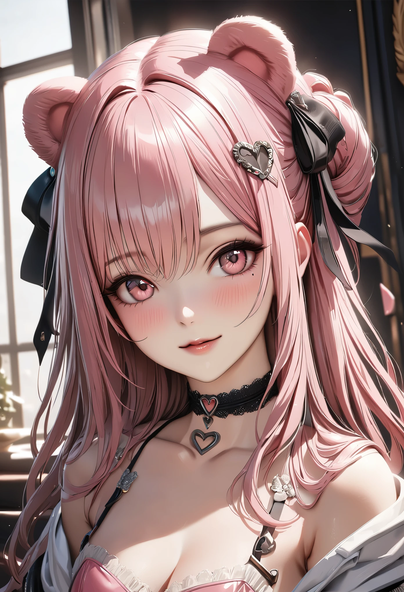 highest quality, highest quality, Super detailed, high resolution, expensive resolution, HDR, 4k, 8K, unity 8K wallpaper, expensively detailed CG, masterpiece, realistic, photorealistic, 2D, 3D, beautiful details, depth, fine texture , super fine: 1.3, Fully focused, Crispy.skin, .he,
Very cute anime girl with pink bun hair wearing expensive , one girl, smile、alone, pink bun hair, animal ears, Bunny ears, mole under the eye, looking at the viewer , expensive , blush, mole, bear ears, parted lips, hair ornaments, heart, pink eyes, choker