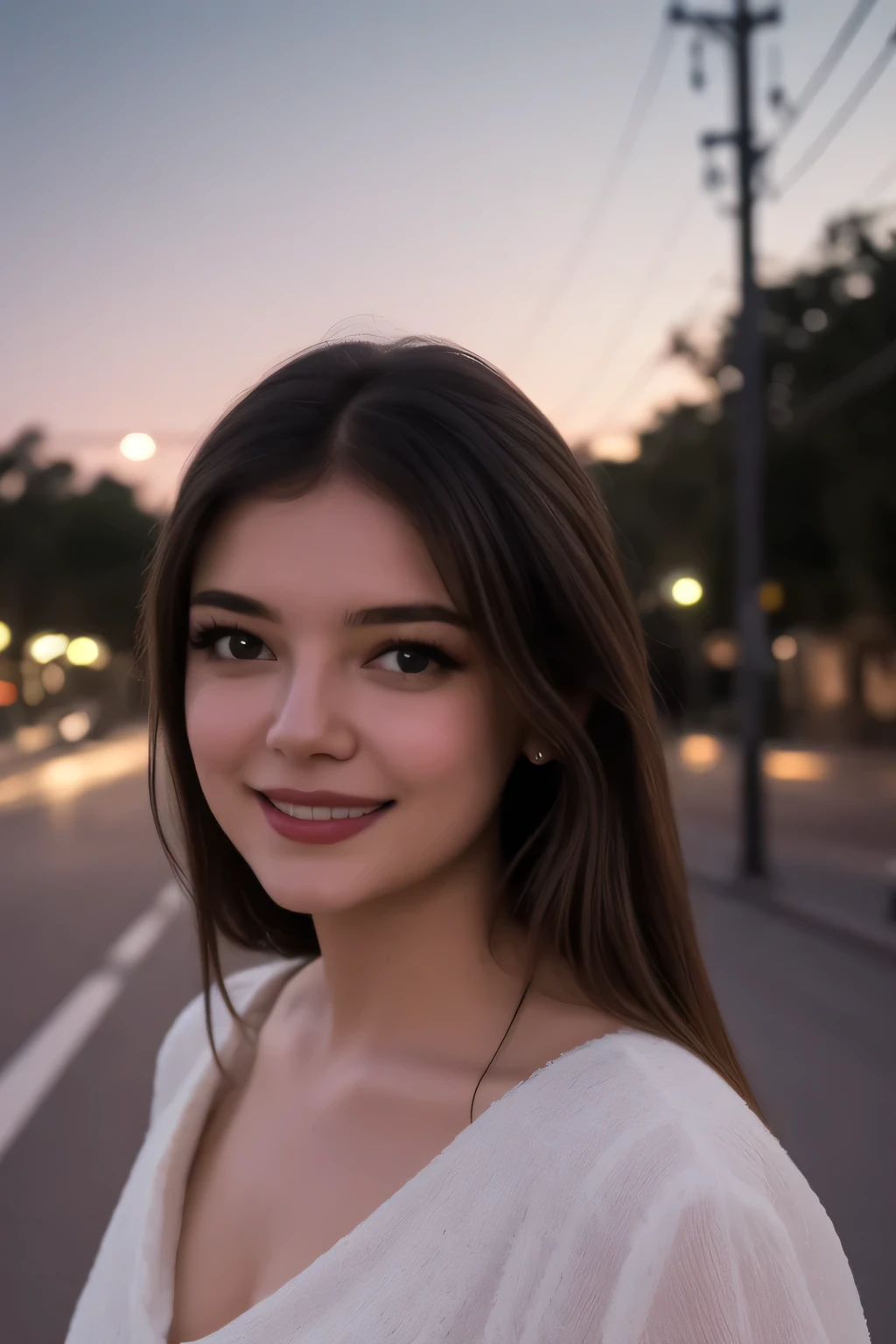 (best quality, masterpiece),1girl, solo, looking at viewer, smile, brown hair, outdoors, brown eyes, lips, night, ground vehicle, portrait, motor vehicle, realistic, car, road, lamppost
, 8k uhd, dslr, soft lighting, high quality, film grain, Fujifilm XT3