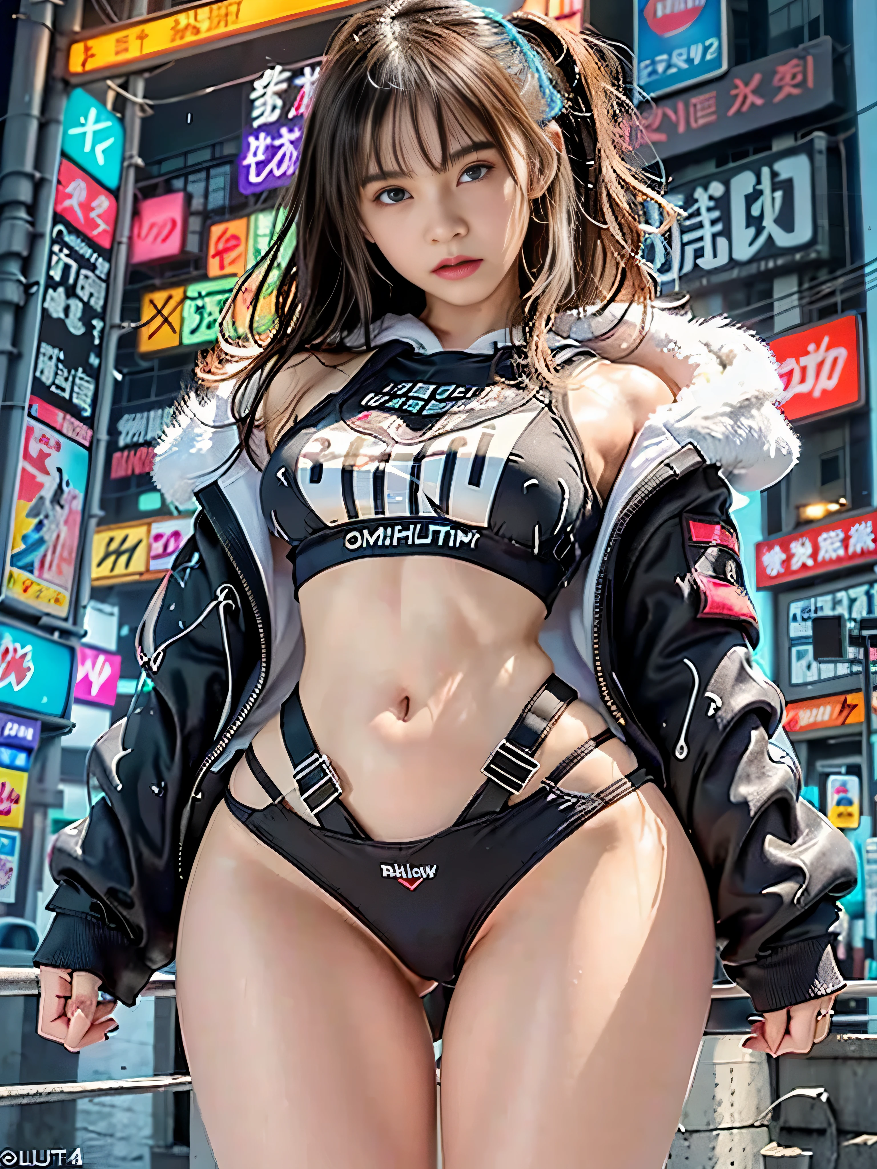 ((RAW image quality:1.4))、8K resolution、detailed pictures、Space Punk Girl,(((1 girl))), , ((Bright and bright beautiful girl)), (big breasts:1.4),Sagging chest,((brown hair,messy brown hair,colored inner hair,big hair:1.5,Ridiculously long and empty hair:1.35,long brown hair,ear breathing,intricately cut hair)),,(((Neon blue eyes:1.3))),complicated eyes,beautiful detailed eyes,Neon colored eyes:1.5,bright eyes,symmetrical eyes,((grease)),(((shiny skin:1.5,glowing skin: 1.5,tanned skin,glowing skin,detailed skin texture,illuminated skin,wet legs))),(spider's underbelly,thin waist,wide hips,moving body,bulging legs,delicate and detailed fingers,details body,human hand,(details face)), beautiful,guarra,seducer,erotic,(((NSFW))), (Clothing Graffiti Art),Zettai Ryouiki,reveal clothes,show your skin,(((underboob))),(bodyguard),(semi-nude,dressed in flimsy clothes,((small string)),barefoot,visible lace straps),((((White cropped tank top,hoodie,complicated hoodie)))),(((wet clothes,intricate costumes,complicated clothes))), (dynamic pose:1.0),solo approach,embarrassing,(middle,Scale to fit your dimensions,Rule of thirds), Cyberpunk city by the sea at night, Bright neon sign and dark storm clouds and puddles, It's scenic:1.25,(cyberpunk:1.4), unreal engine:1.4,ticker,best quality:1.4, photorealista:1.4, skin texture:1.4, masterpiece:1.8,High resolution, sharp focus, (Super detailed, very detailed), (photoreal illustration:1.37),(very detailed 8kCG wallpaper),((Synthwave background theme)),(((Bright colors))),(complex background),(masterpiece),(best quality),Synthwave Neon Colors,portrait photography, (((blurred background:1.4))), (((Shallow い depth of writing:1.4)))