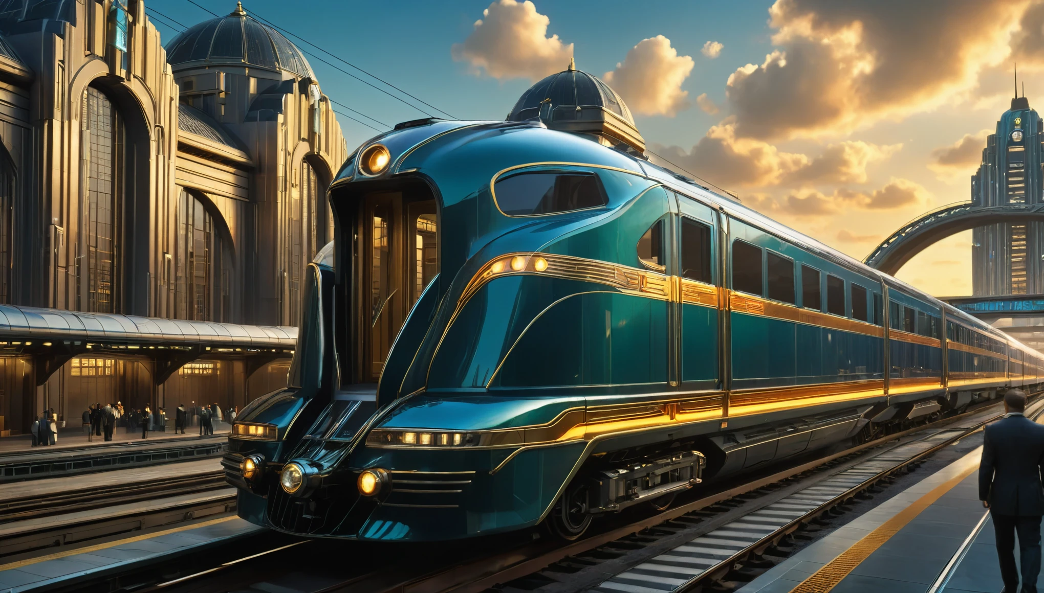 art deco style flying train, art deco sci-fi, The floating train station is in the background.
(best quality,4K,8K,high resolution,masterpiece:1.2),Super detailed,(actual,photoactual,photo-actual:1.37),high dynamic range,ultra high definition,studio lighting,Ultra-fine coating,sharp focus,Physically based rendering,extremely detailed description,professional,bright colors,Bokeh.