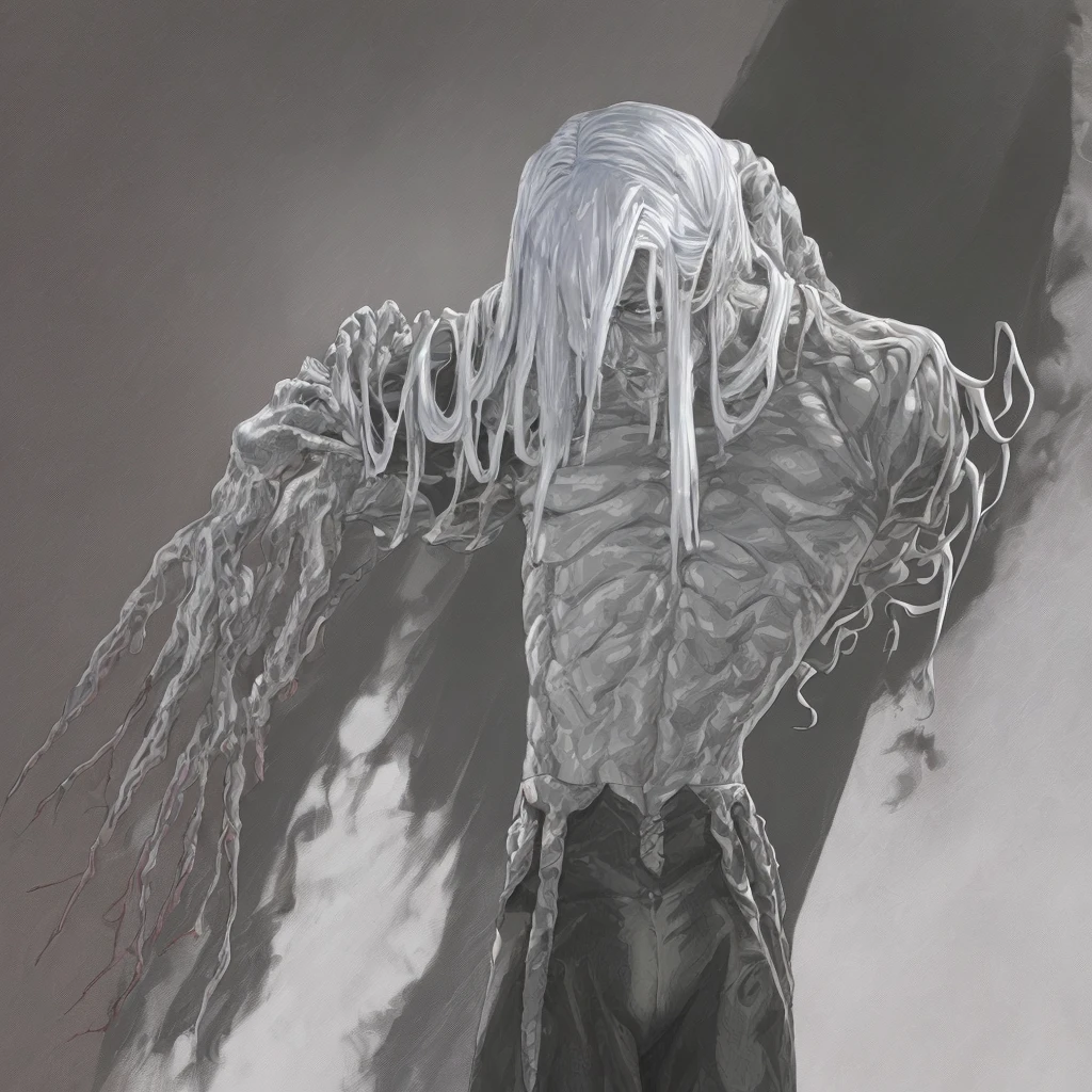 Um Homem adulto ,surrado pela vida mas em bom estado fisico ,Many of his hair were gray so he decided to dye it white. ,tem sempre um semblante cansado mas em alerta total ,Your back only prevents you from making many movements, but imbuing it with metal helps you get your posture right.