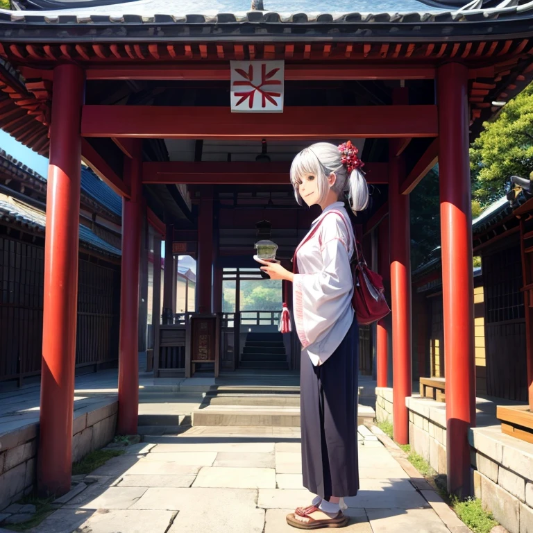 An elderly woman in casual clothes is standing in the shrine square, looking at me and smiling.。