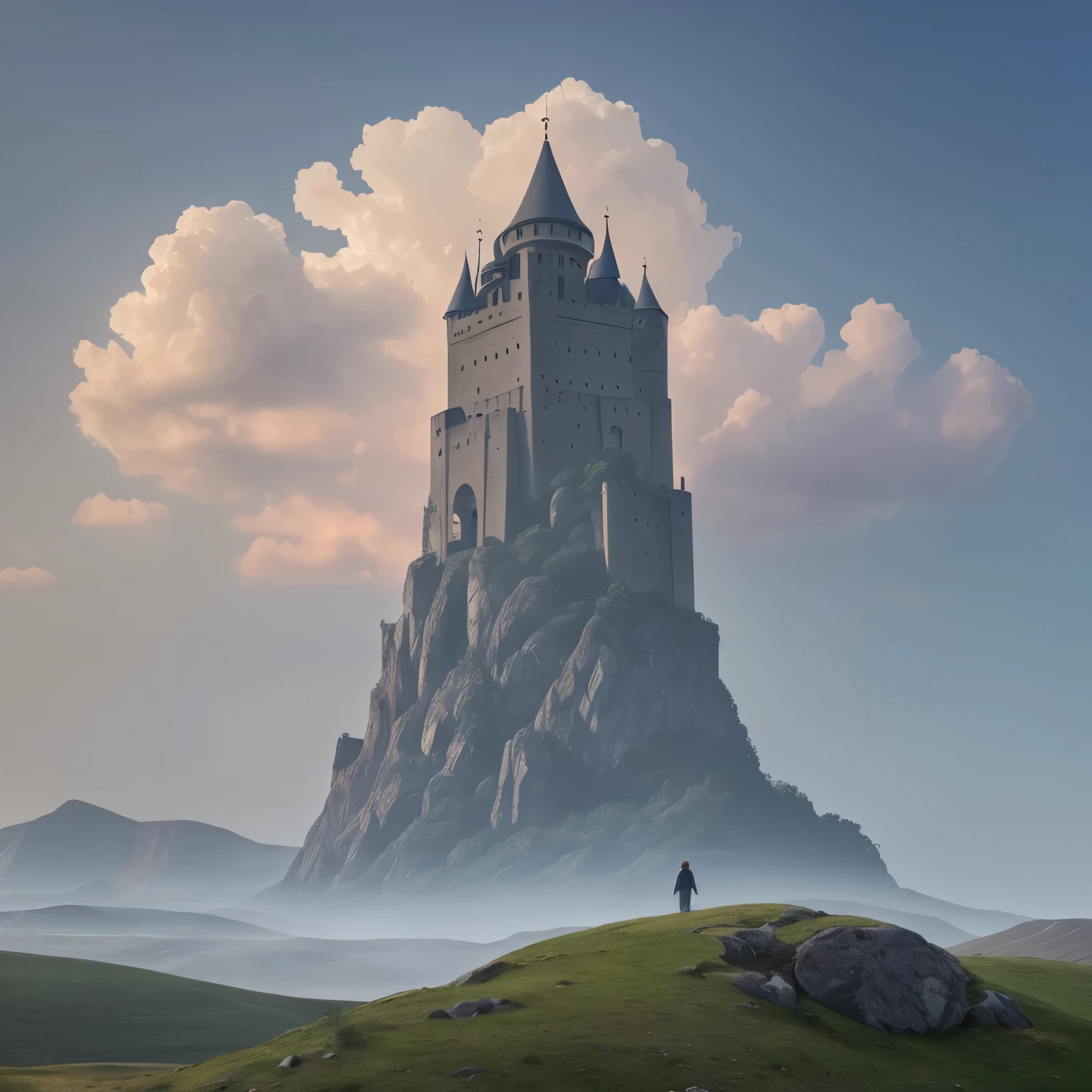 masterpiece, illustration, ((巨大的巨型軍事Tower of Babel堡壘由雕刻石製成,Standing on a distant desert land)), (Tower of Babel), light blue sky, Sunlight, FOG, shadow, Dark grass and stones, uninhabitable, barren land, nature, (Mountain), Unsaturated, (Young girl in dark blue coat walks towards the castle standing in the distance), medium length red hair, Moscow, Soviet Union, (The red-eyed dark dragon flies over the fortress)