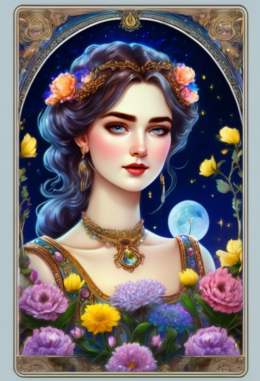 Tarot Cards, aesthetic, a girl reading tarot cards,smiling girl,beautiful detailed eyes,detailed lips,tarot cards,ancient tarot deck,illustrated tarot cards,vibrant colors,mystical atmosphere,magical garden,flowers blooming,moonlight,night sky,soft glow,artistic oil painting,highres image,(masterpiece:1.2),ultra-detailed,realistic,bokeh